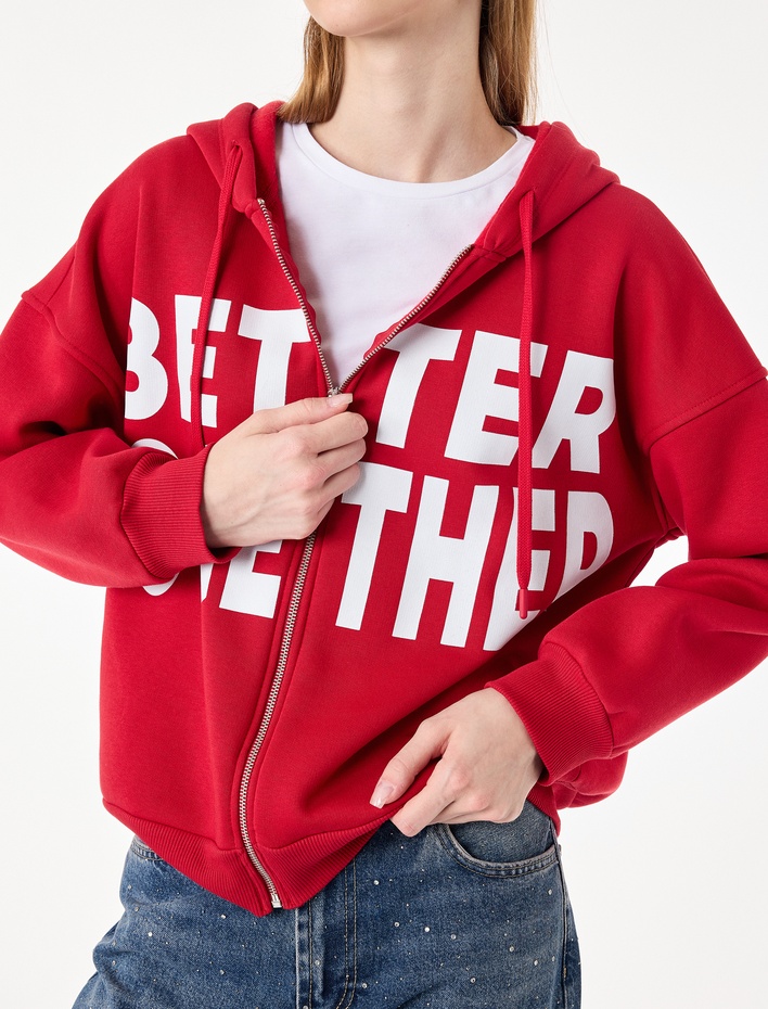  Üç İplik Şardonlu Uzun Kollu Kapüşonlu Baskılı Fermuarlı Sweatshirt