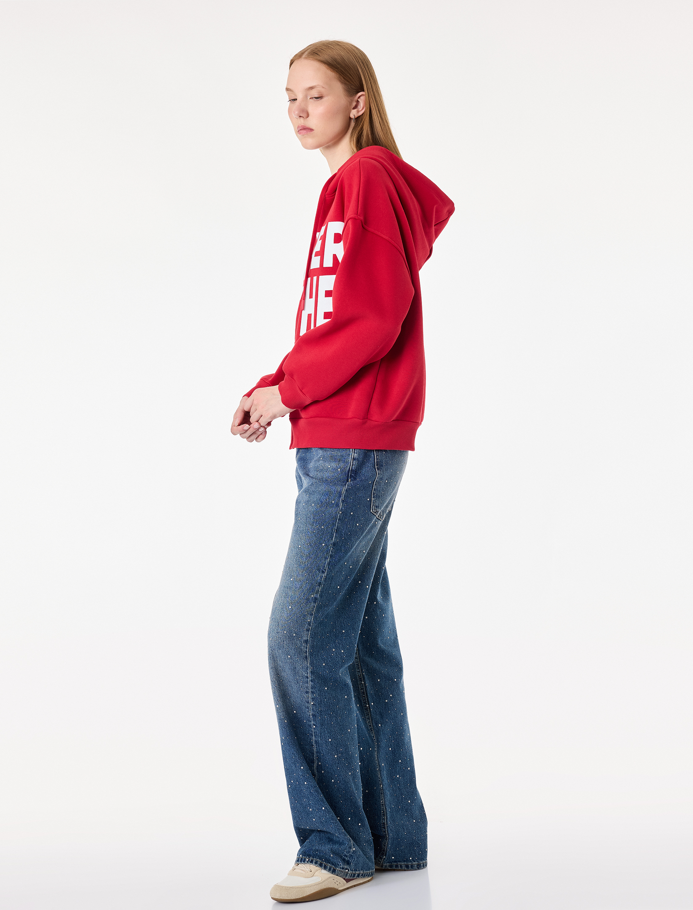   Üç İplik Şardonlu Uzun Kollu Kapüşonlu Baskılı Fermuarlı Oversize Sweatshirt
