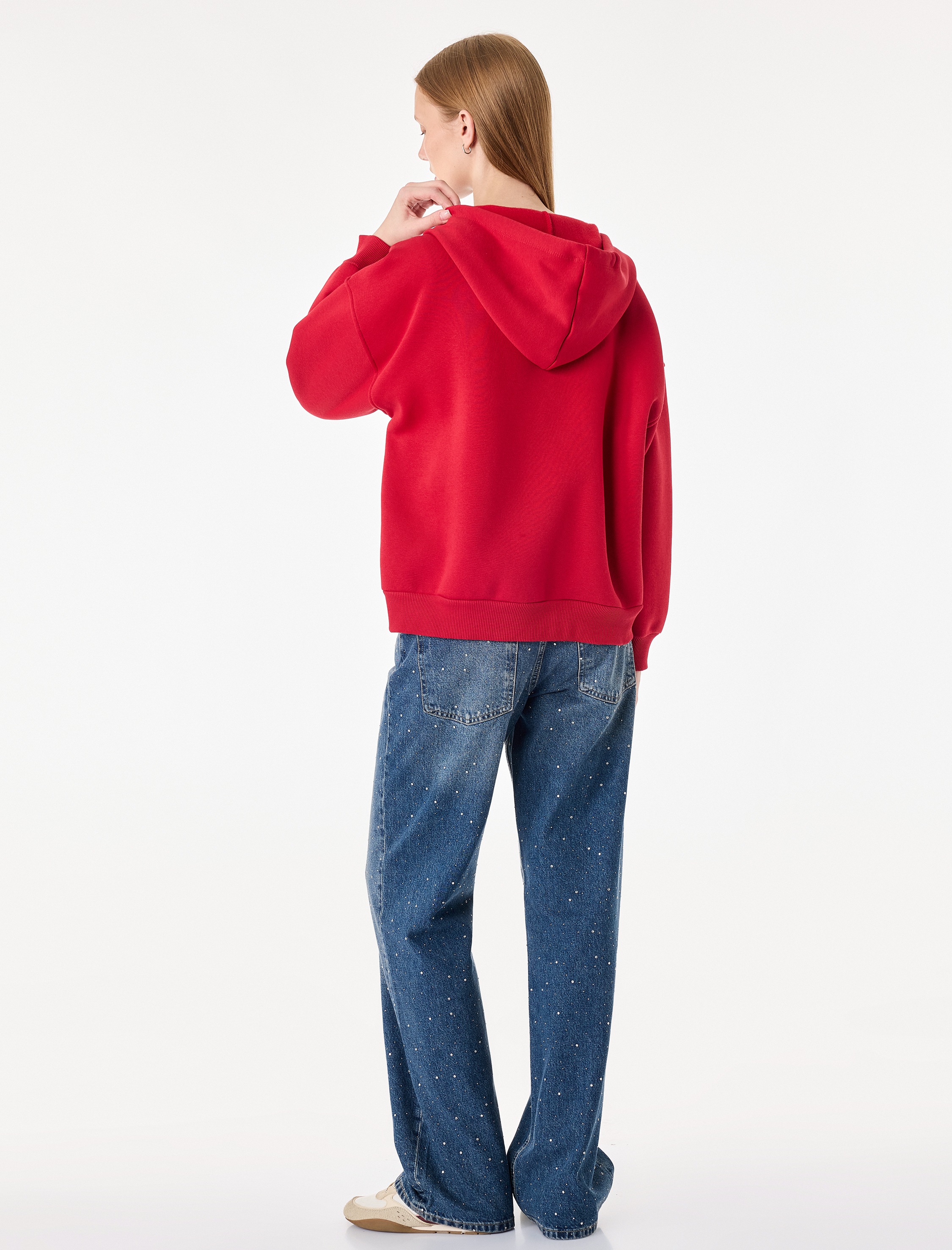   Üç İplik Şardonlu Uzun Kollu Kapüşonlu Baskılı Fermuarlı Oversize Sweatshirt