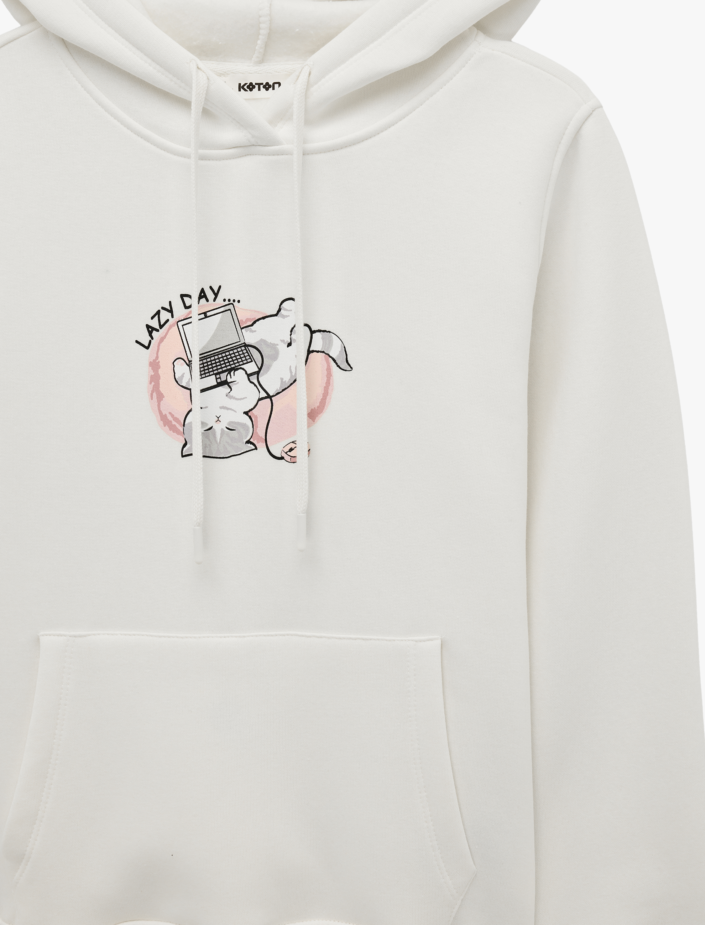   Üç İplik Şardonlu Uzun Kollu Kanguru Cepli Kedi Baskılı Kapüşonlu Sweatshirt
