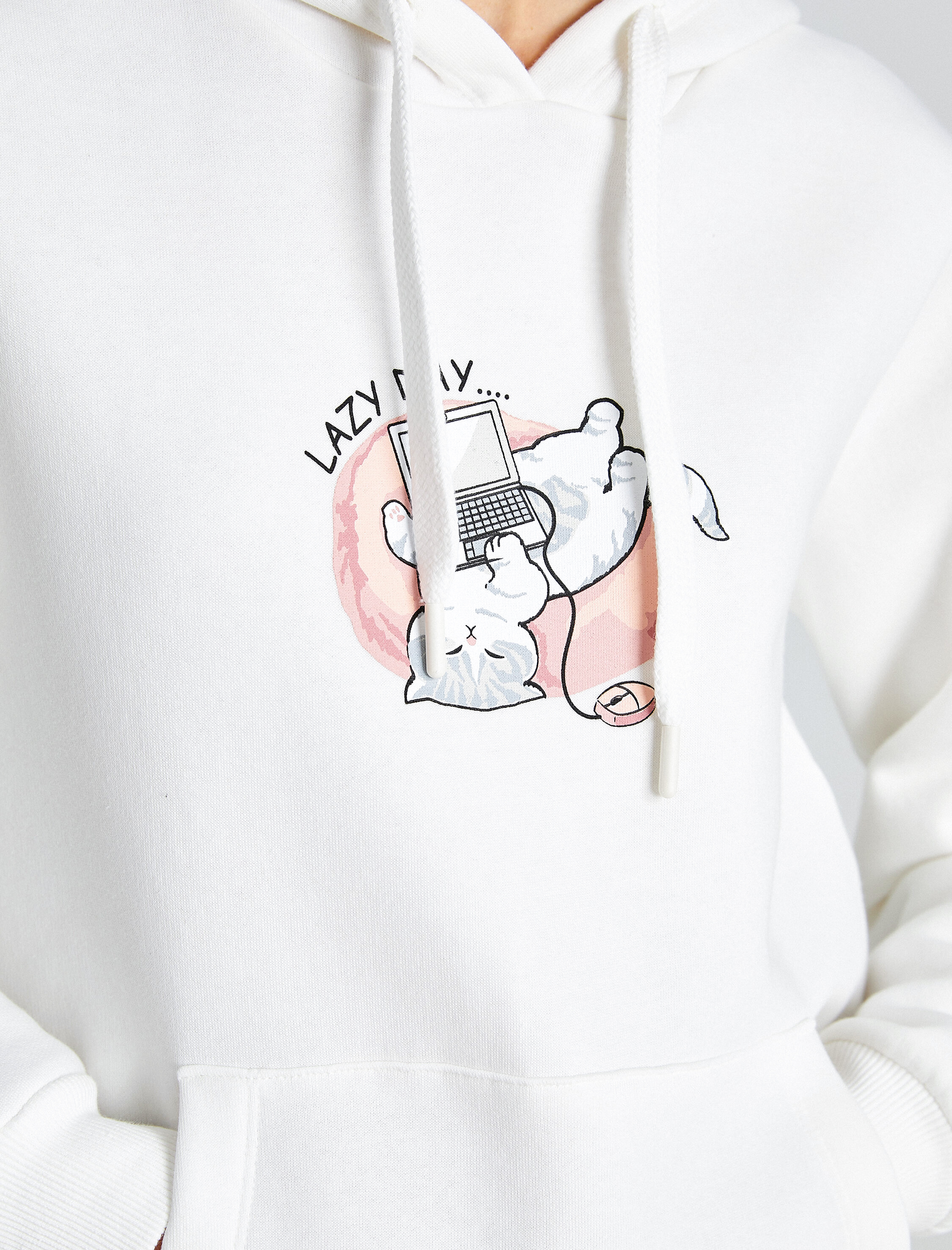   Üç İplik Şardonlu Uzun Kollu Kanguru Cepli Kedi Baskılı Kapüşonlu Sweatshirt