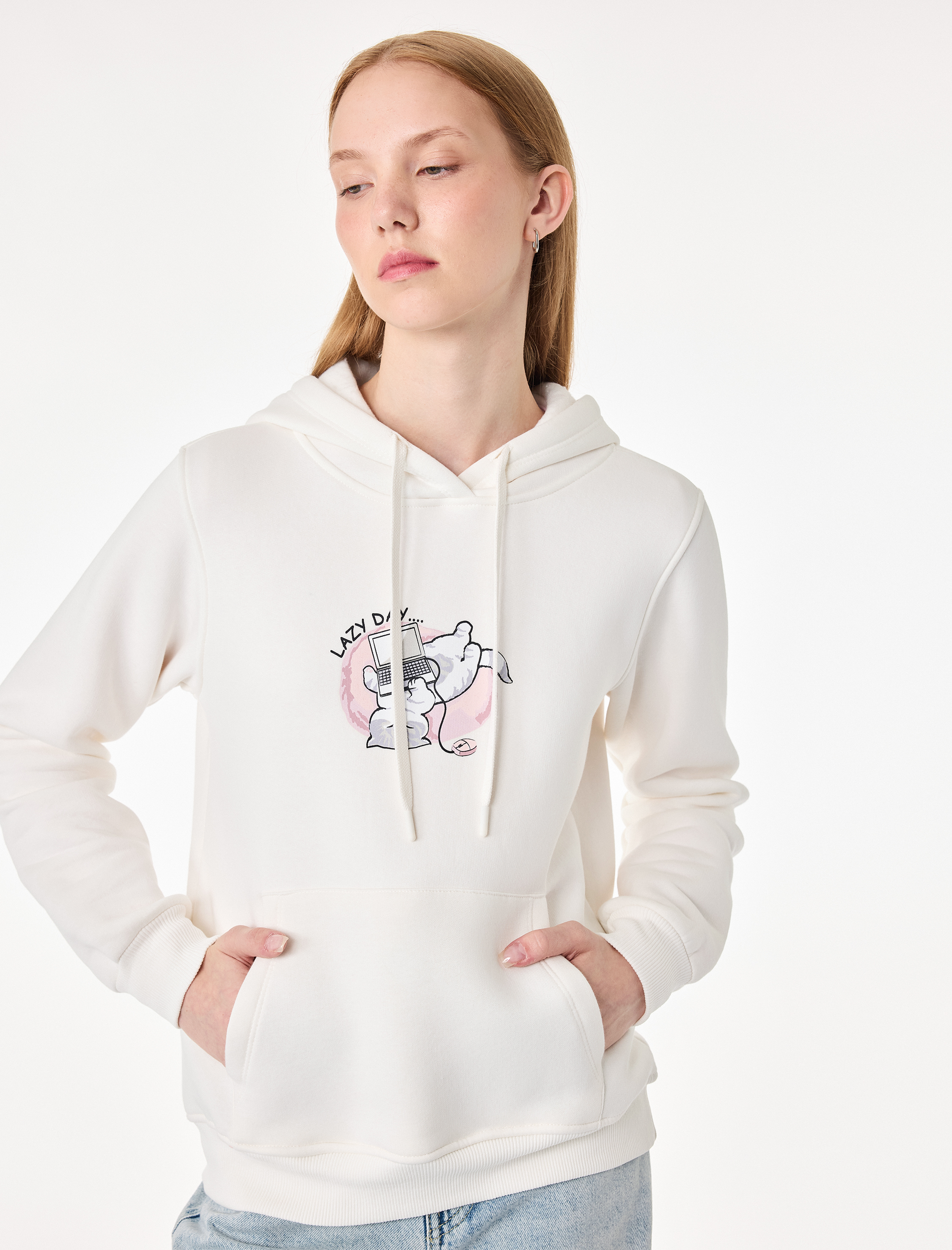   Üç İplik Şardonlu Uzun Kollu Kanguru Cepli Kedi Baskılı Kapüşonlu Sweatshirt