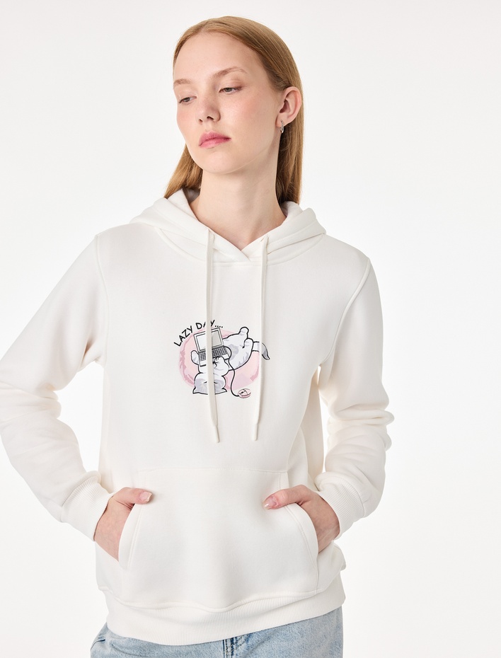  Üç İplik Şardonlu Uzun Kollu Kanguru Cepli Kedi Baskılı Kapüşonlu Sweatshirt