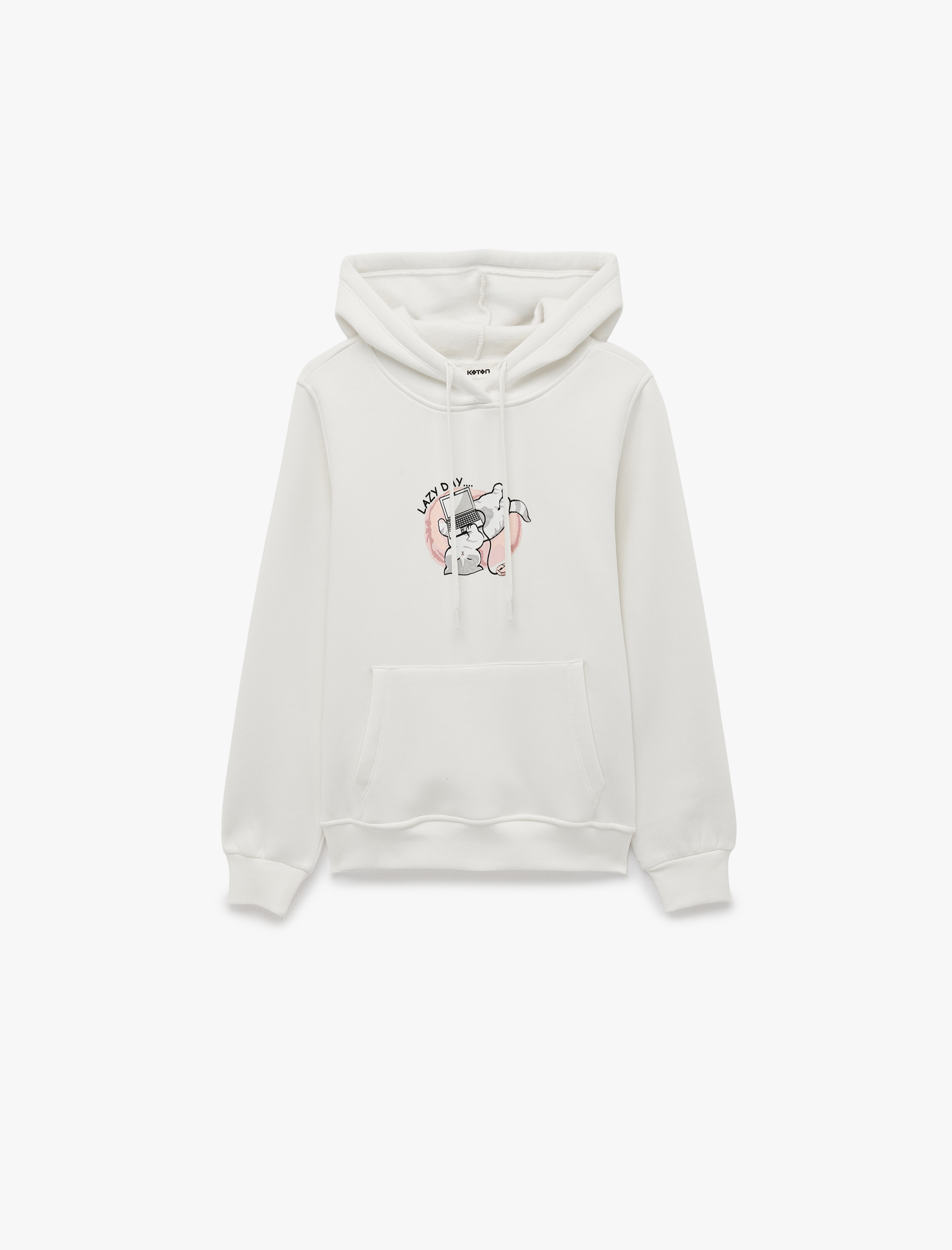   Üç İplik Şardonlu Uzun Kollu Kanguru Cepli Kedi Baskılı Kapüşonlu Sweatshirt