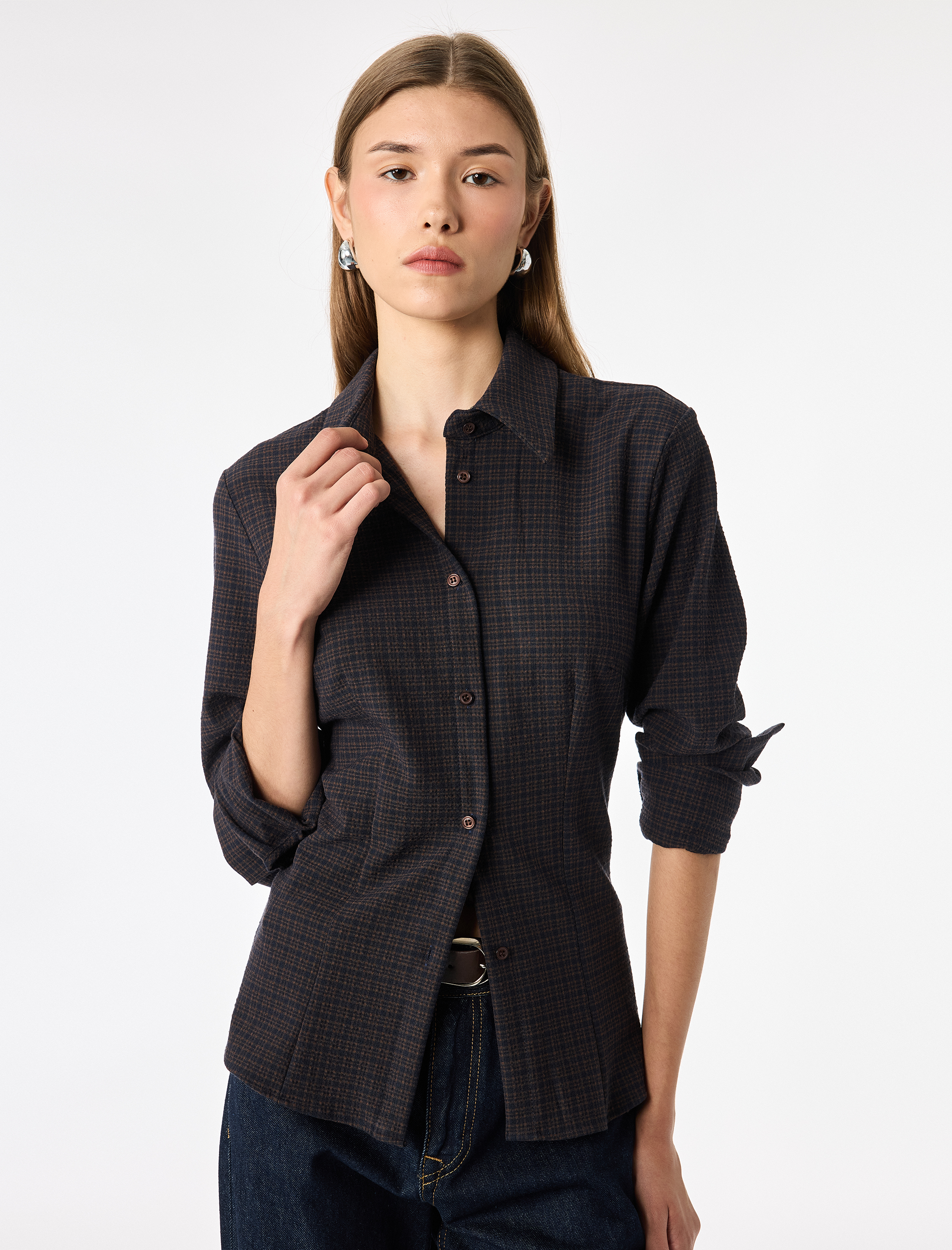   Düğmeli Uzun Kollu Slim Fit Ekose Gömlek