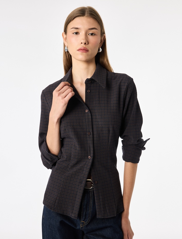  Düğmeli Uzun Kollu Slim Fit Ekose Gömlek