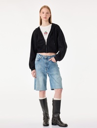 Simli Uzun Kollu Kapüşonlu Şardonlu Arkası Baskılı Crop Sweatshirt