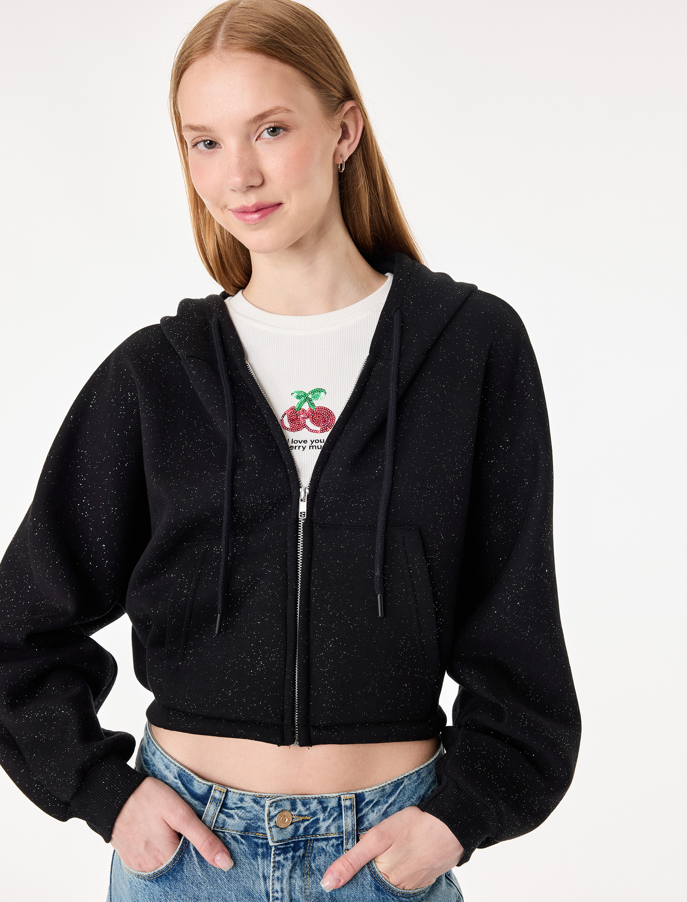   Simli Uzun Kollu Kapüşonlu Şardonlu Arkası Baskılı Crop Sweatshirt