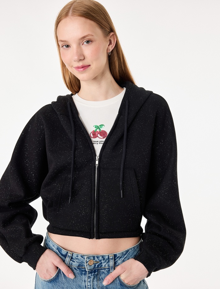  Simli Uzun Kollu Kapüşonlu Şardonlu Arkası Baskılı Crop Sweatshirt