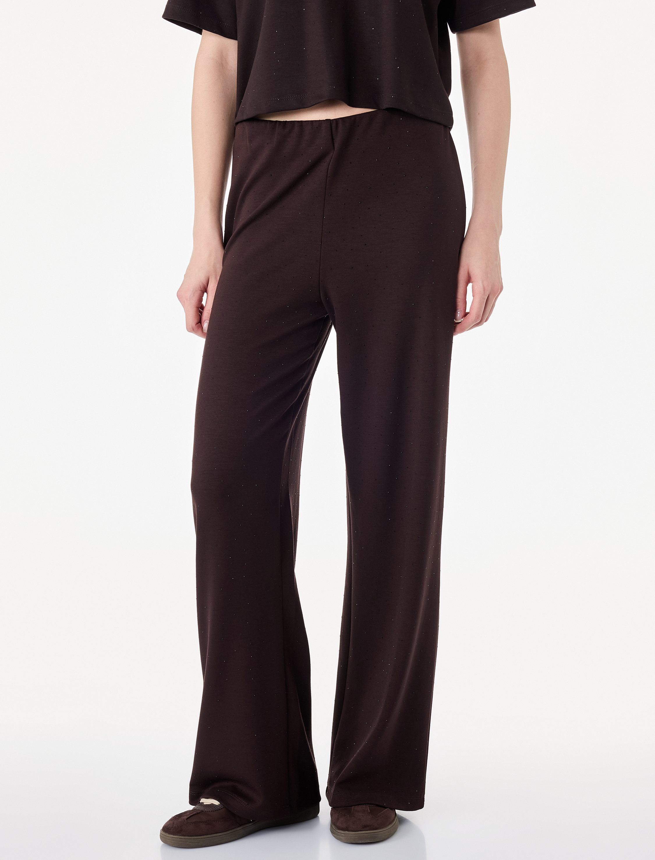   Normal Bel Viskon Karışımlı Taş Detaylı Geniş Paça Eşofman Altı
