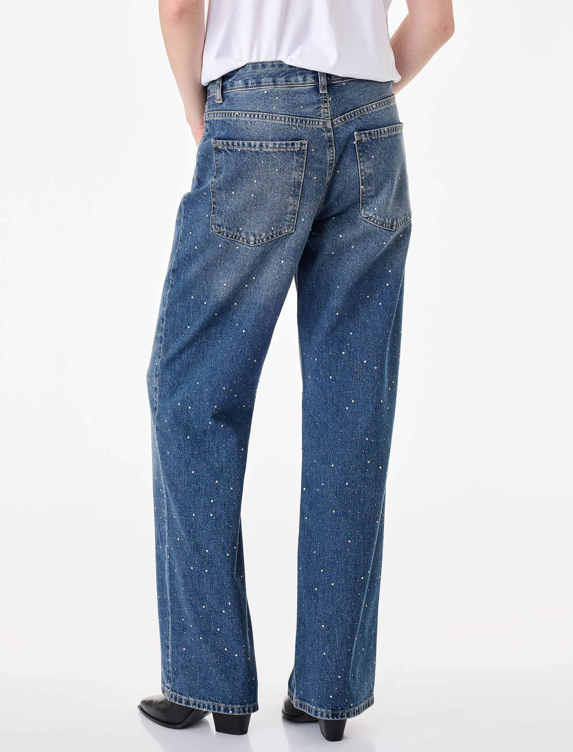   Taş Detaylı Yüksek Bel Düz Paça Denim Pantolon- Straight Jeans