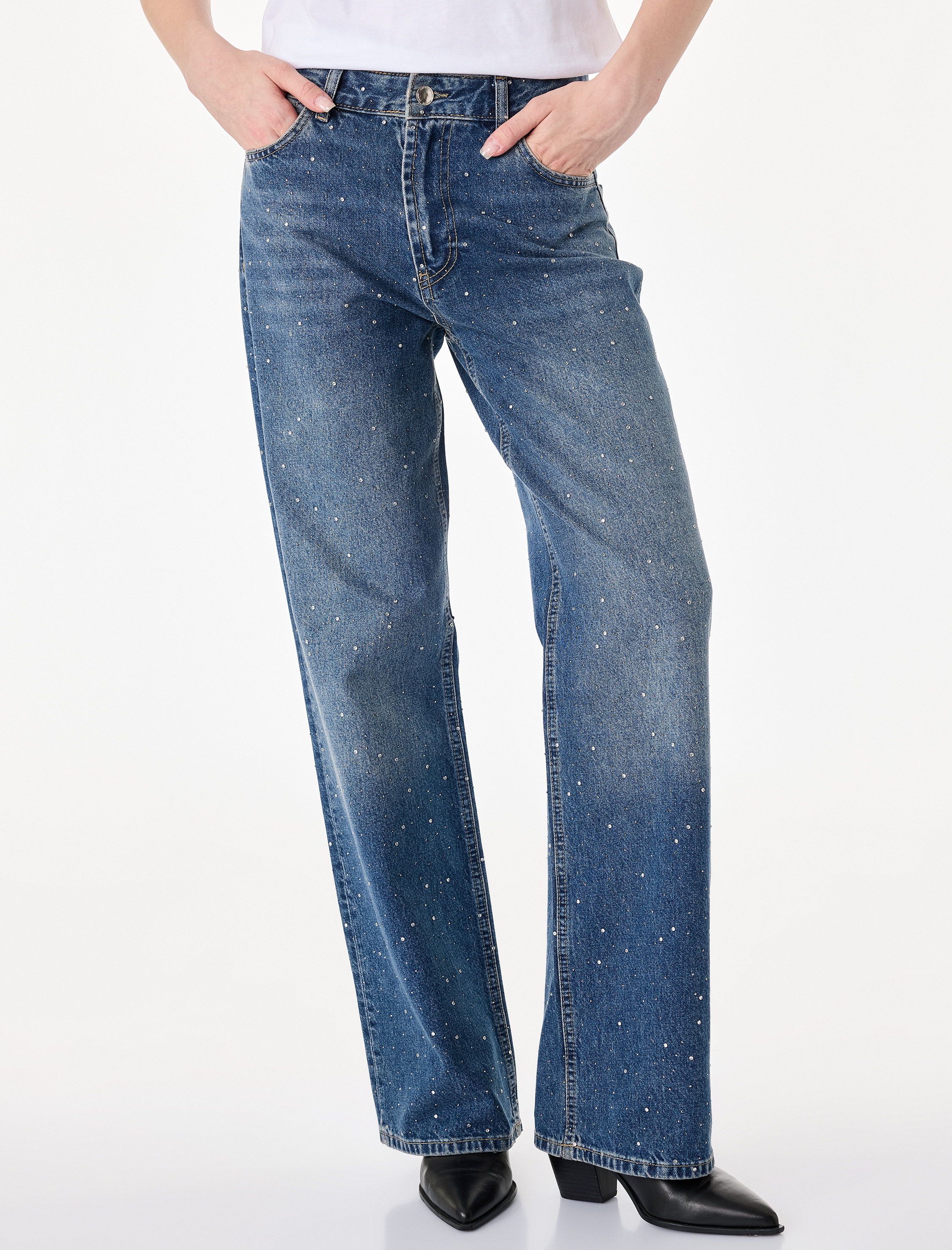   Taş Detaylı Yüksek Bel Düz Paça Denim Pantolon- Straight Jeans