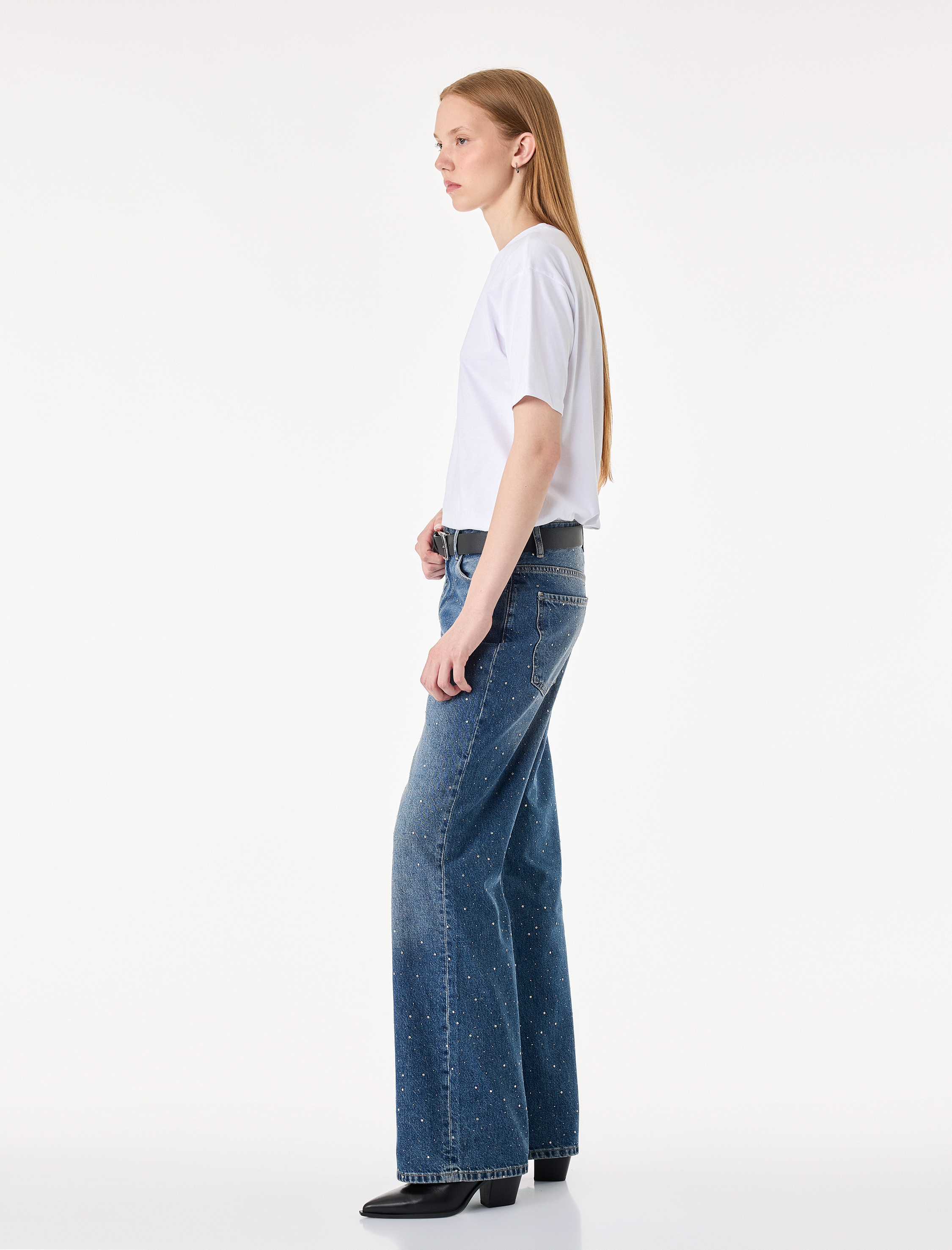   Taş Detaylı Yüksek Bel Düz Paça Denim Pantolon- Straight Jeans