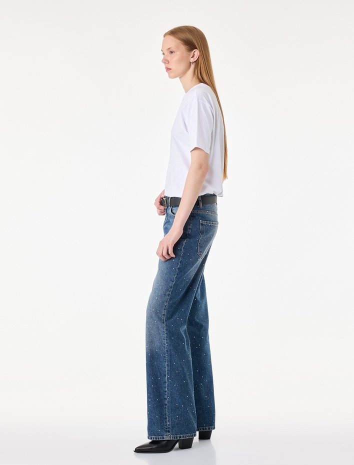  Taş Detaylı Yüksek Bel Düz Paça Denim Pantolon- Straight Jeans