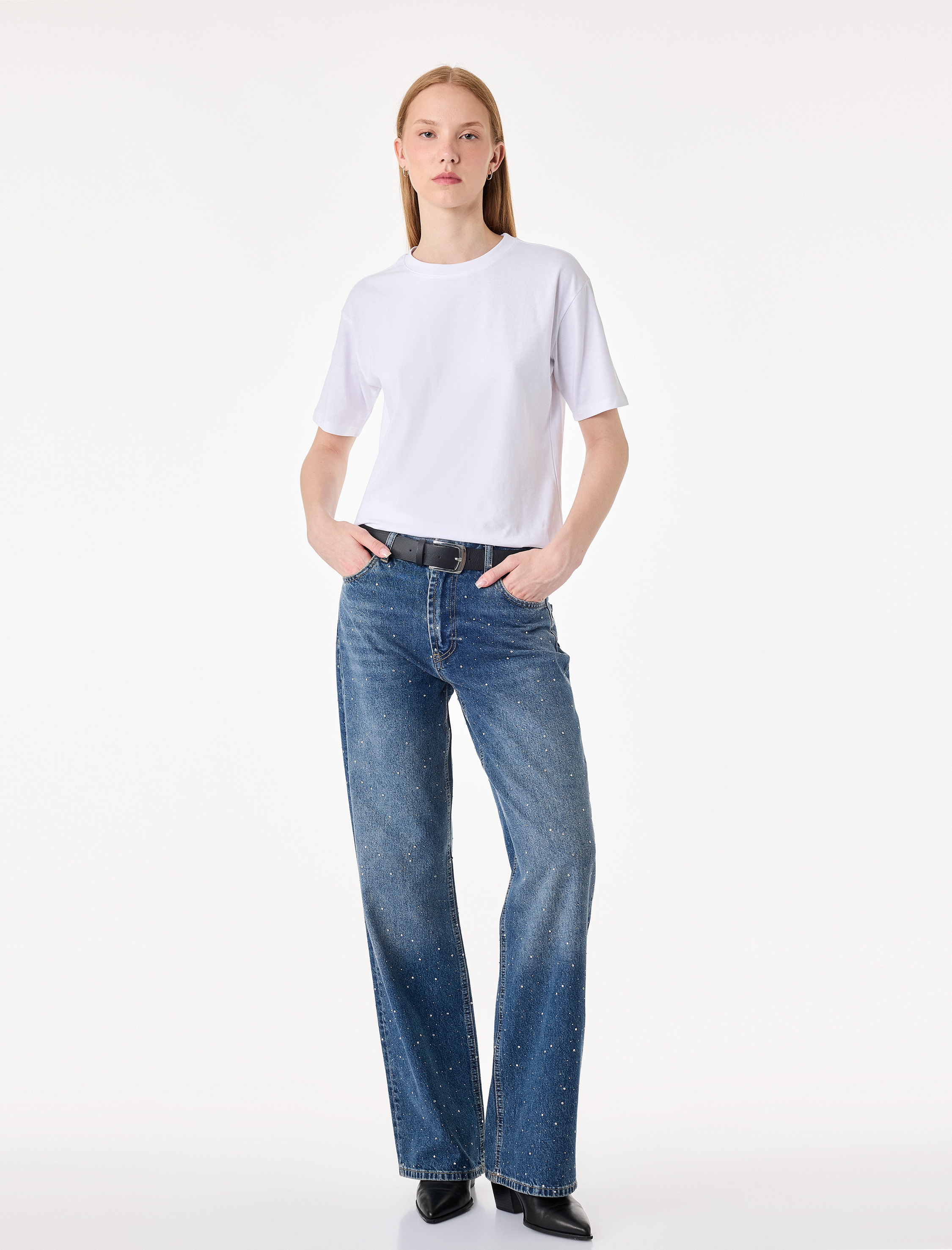   Taş Detaylı Yüksek Bel Düz Paça Denim Pantolon- Straight Jeans