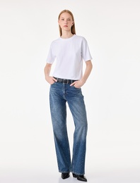 Taş Detaylı Yüksek Bel Düz Paça Denim Pantolon- Straight Jeans