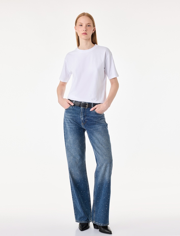  Taş Detaylı Yüksek Bel Düz Paça Denim Pantolon- Straight Jeans