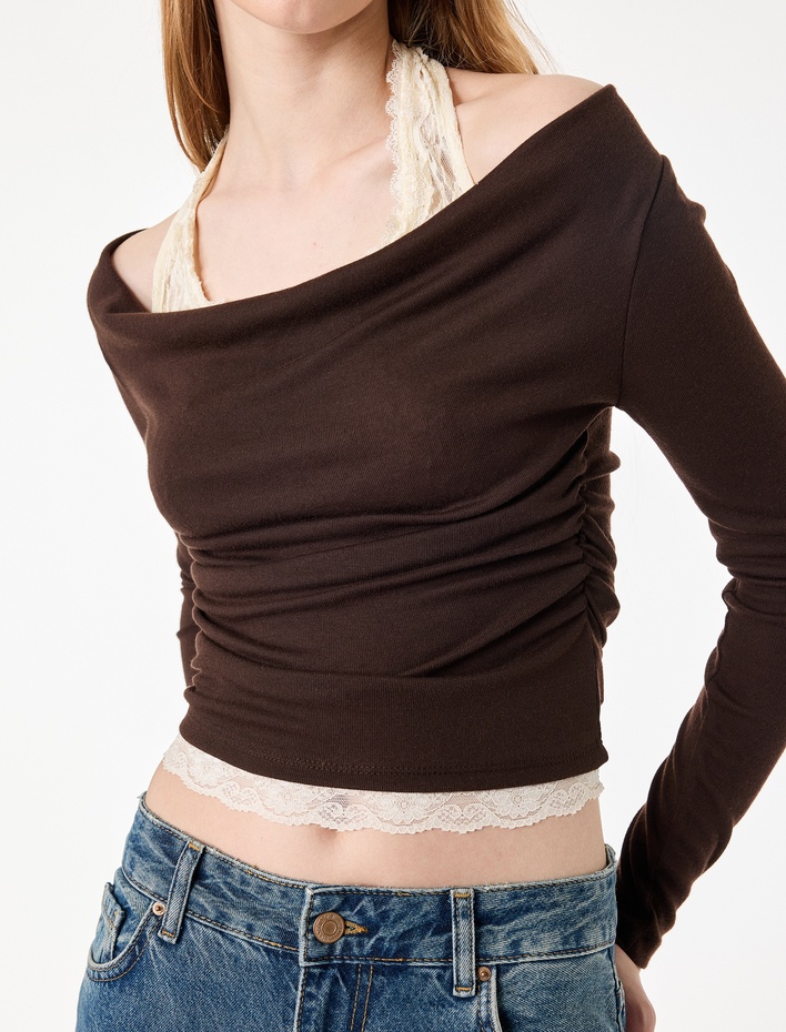  Viskon Karışımlı Slim Fit Uzun Kollu Dantel Detaylı Halter Yaka Tişört