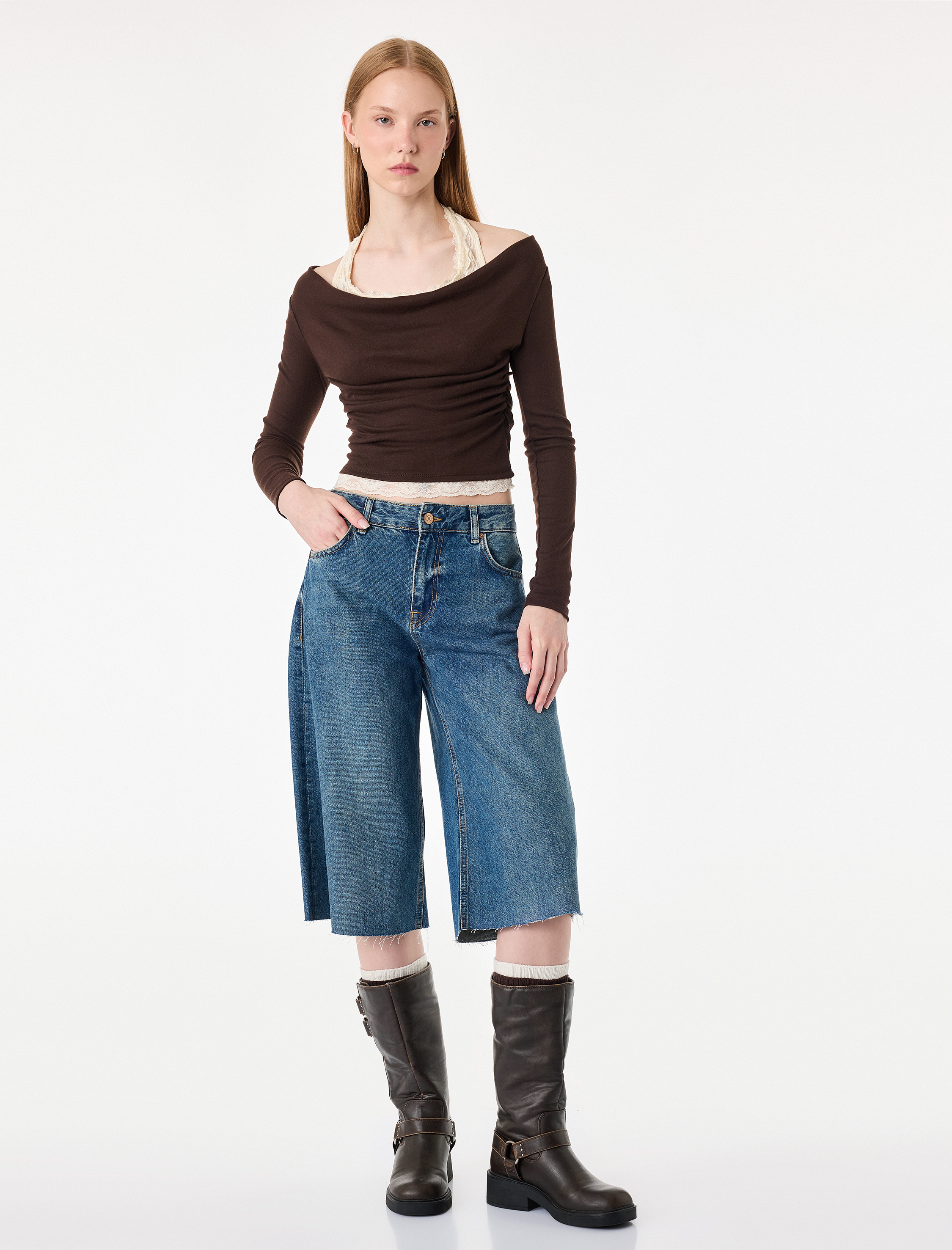   Viskon Karışımlı Slim Fit Uzun Kollu Dantel Detaylı Halter Yaka Tişört