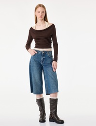 Viskon Karışımlı Slim Fit Uzun Kollu Dantel Detaylı Halter Yaka Tişört