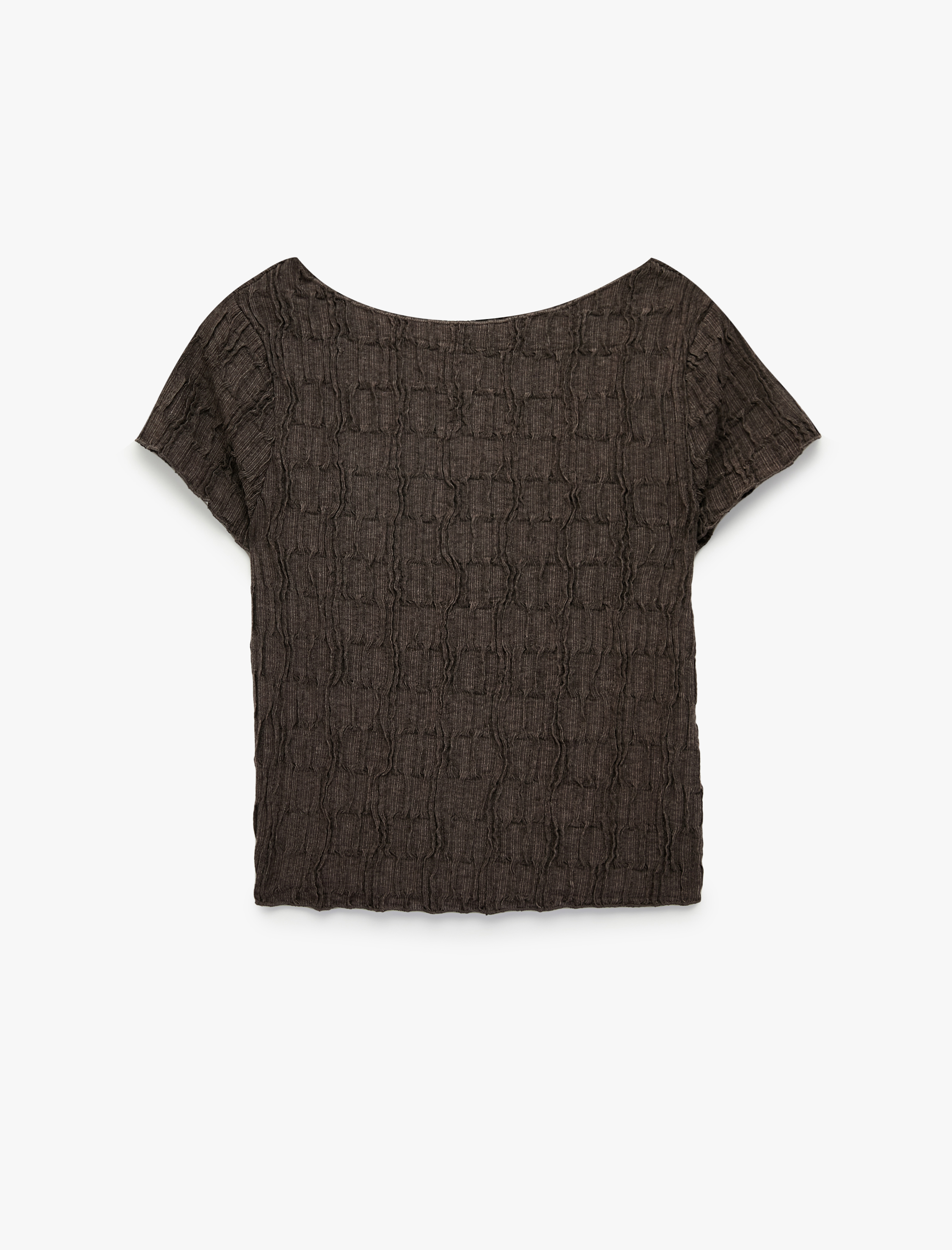   Bürümcük Kumaş Dokulu Slim Fit Kayık Yaka Kısa Kollu Tişört