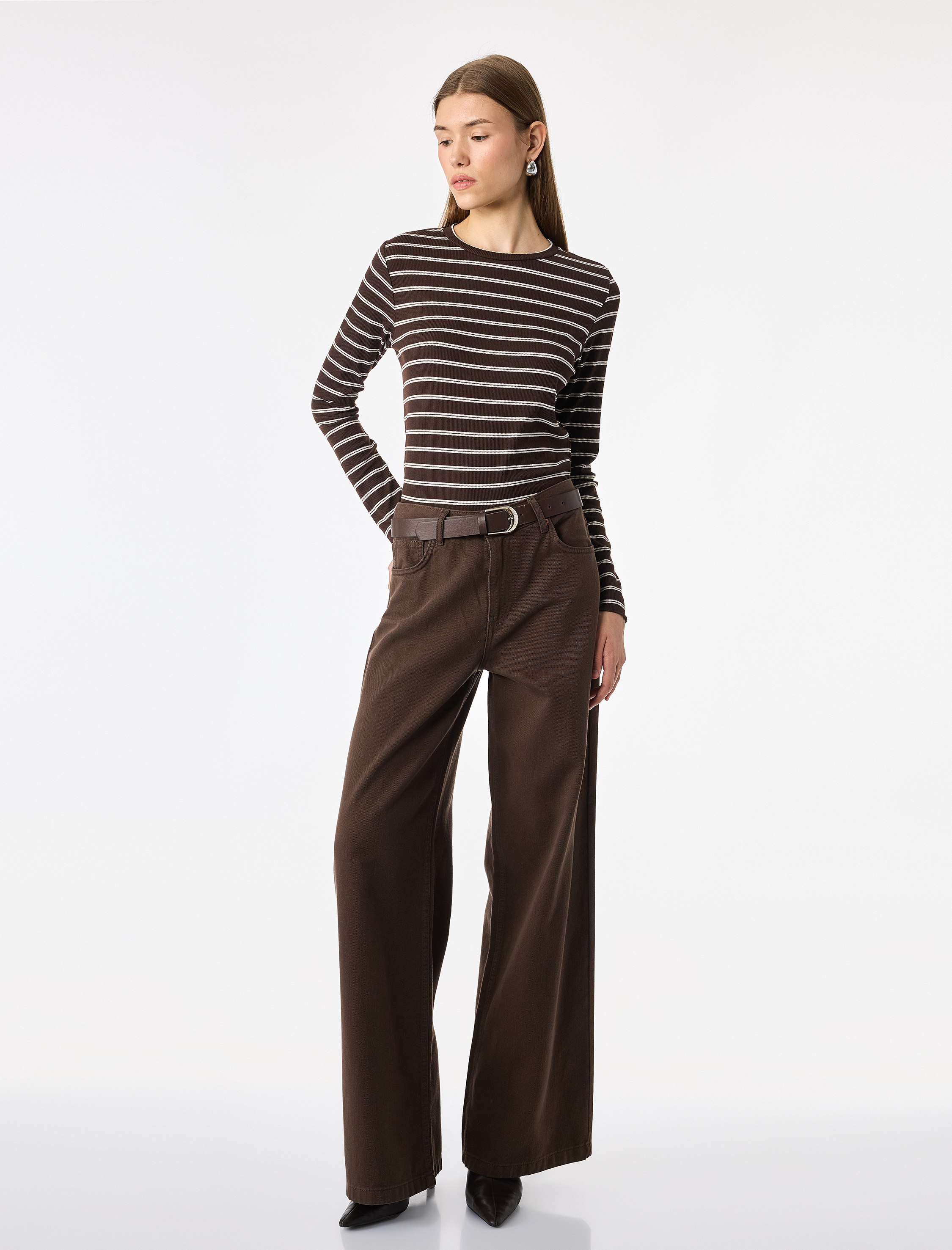   Slim Fit Bisiklet Yaka Uzun Kollu Çizgili Tişört