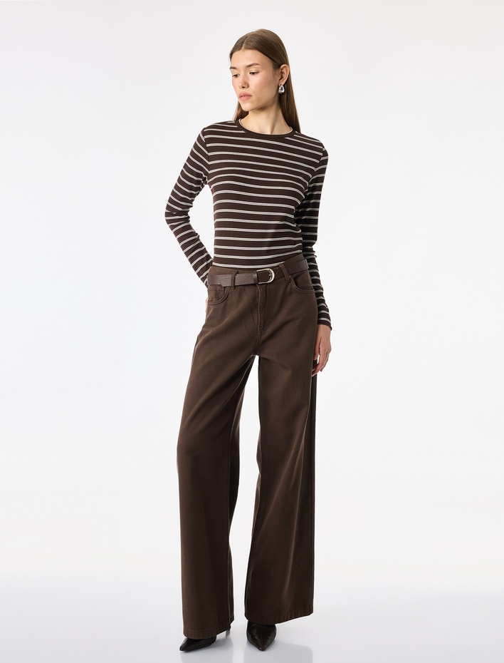  Slim Fit Bisiklet Yaka Uzun Kollu Çizgili Tişört