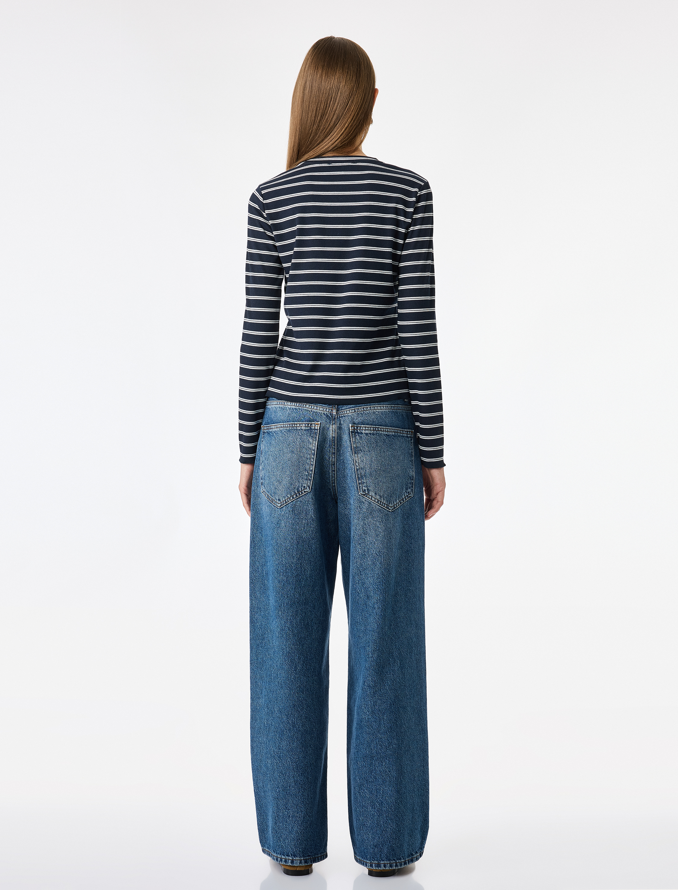   Slim Fit Bisiklet Yaka Uzun Kollu Çizgili Tişört