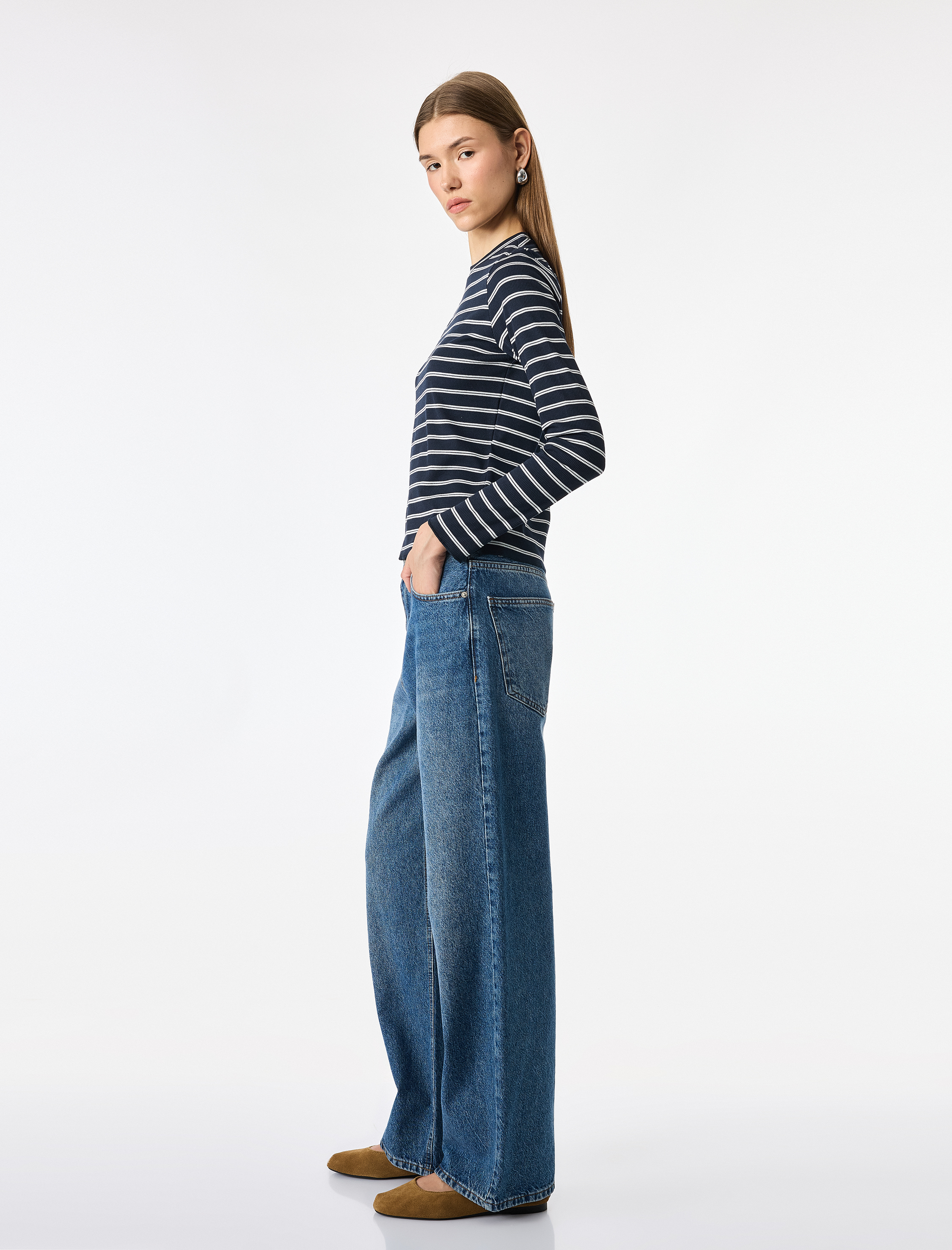   Slim Fit Bisiklet Yaka Uzun Kollu Çizgili Tişört