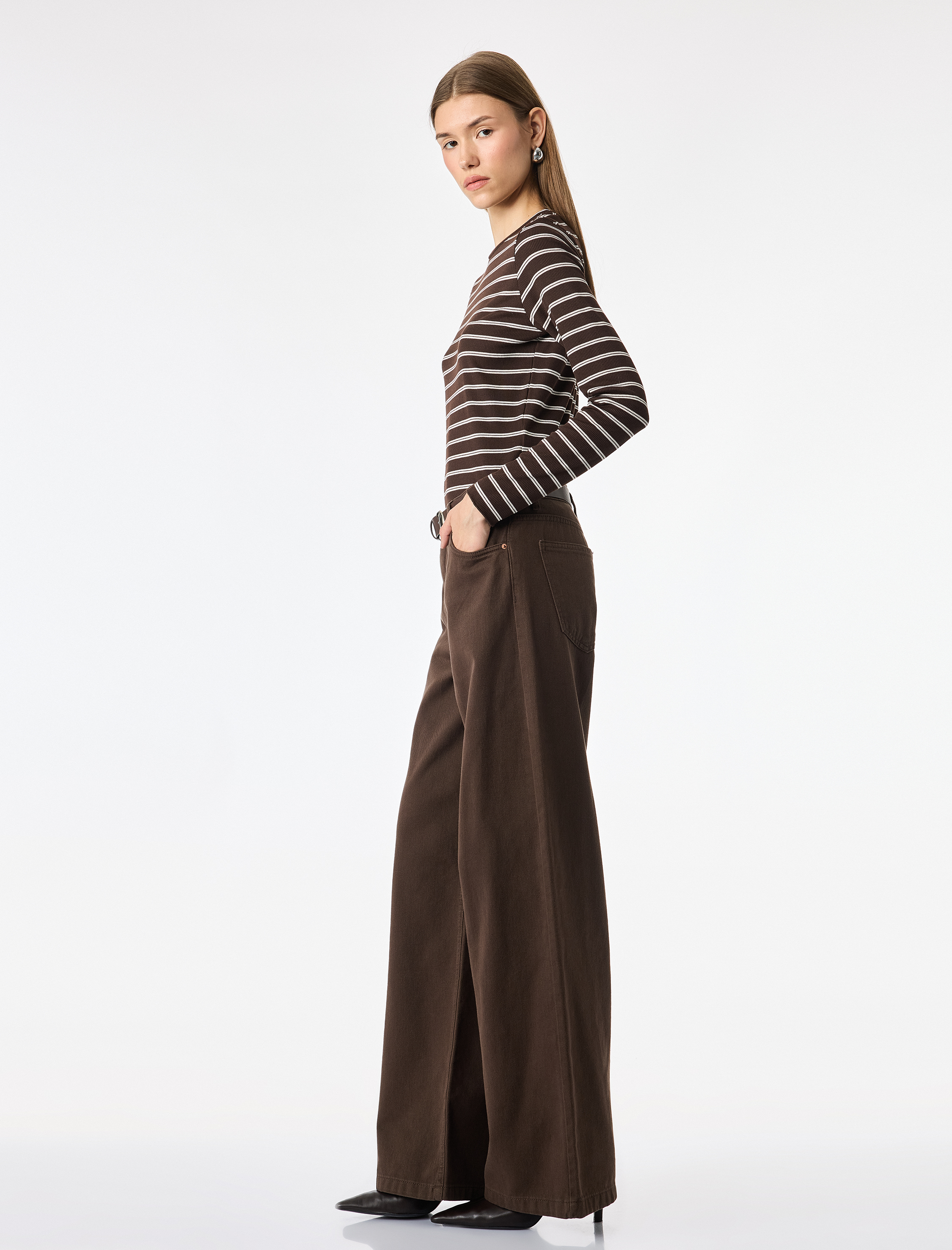   Slim Fit Bisiklet Yaka Uzun Kollu Çizgili Tişört