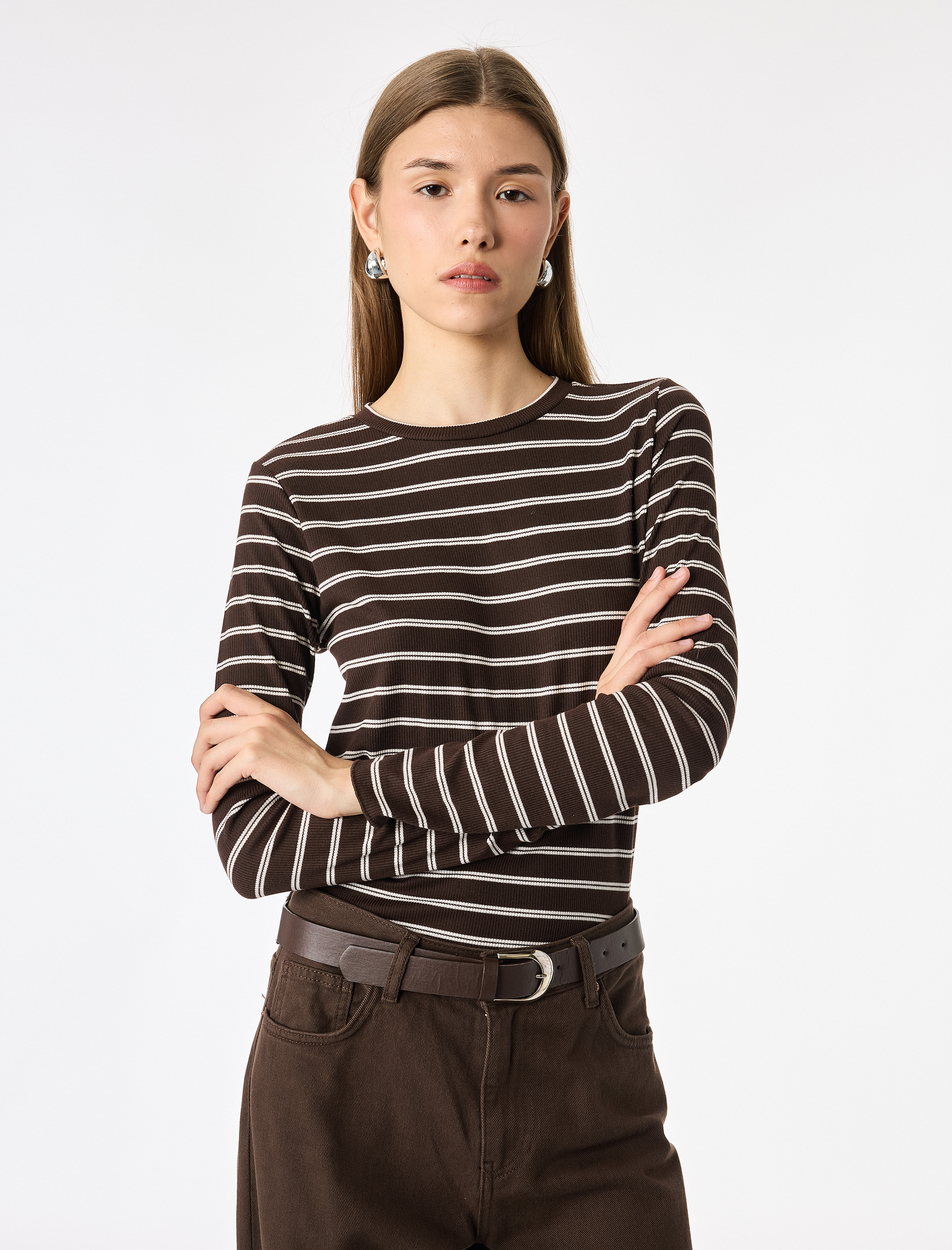   Slim Fit Bisiklet Yaka Uzun Kollu Çizgili Tişört