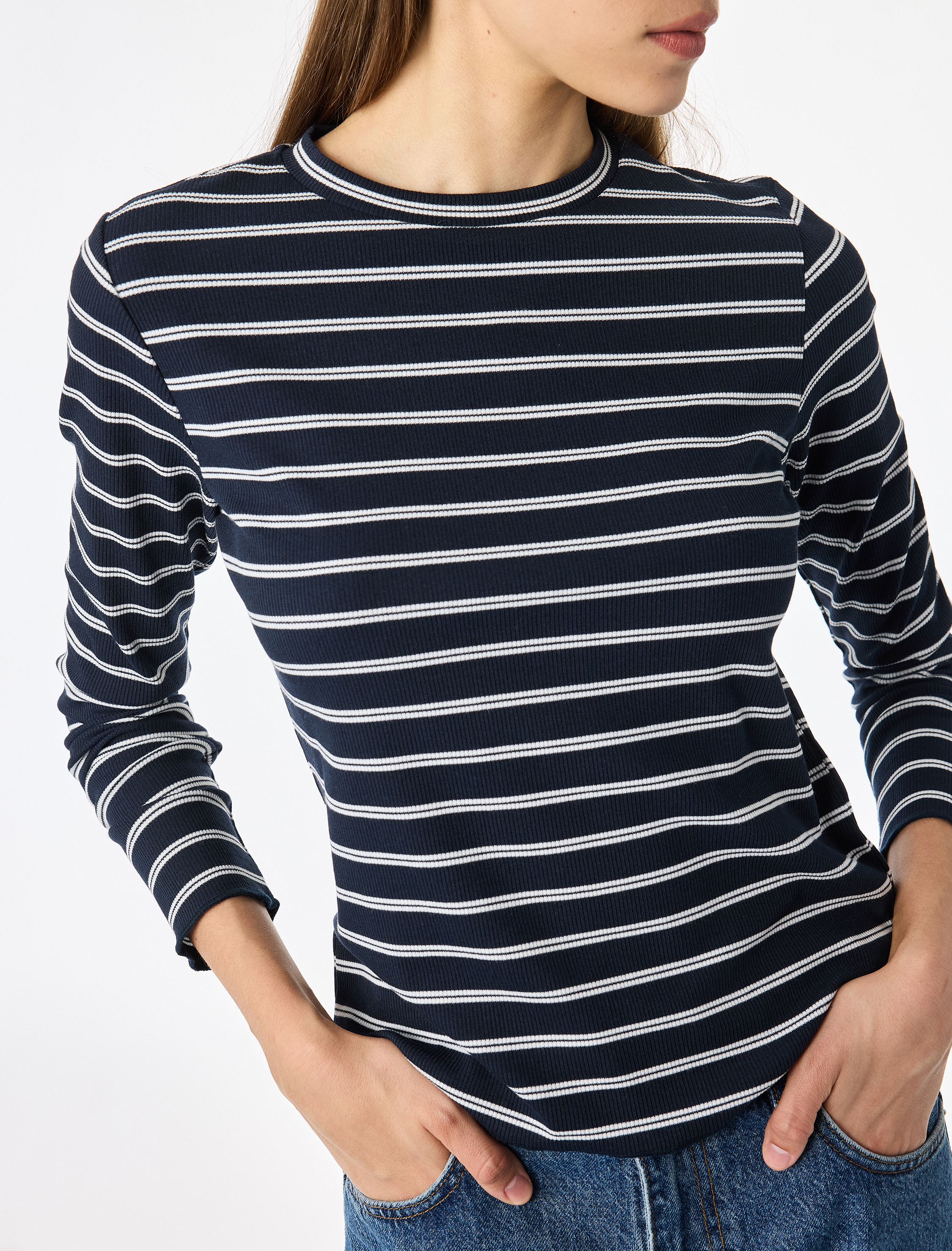   Slim Fit Bisiklet Yaka Uzun Kollu Çizgili Tişört