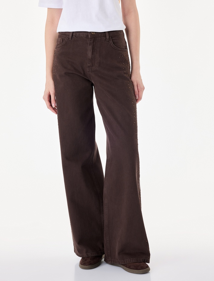  Yüksek Bel Taş Detaylı Bol Paça Düğmeli Cepli Pamuklu Denim Pantolon - Loose Straight Fit Jean
