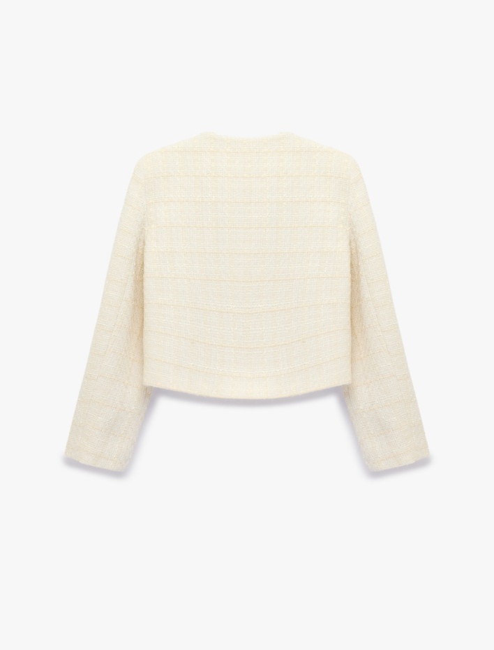  Uzun Kollu Bisiklet Yaka Süslü Düğmeli Ekose Tüvit Ceket