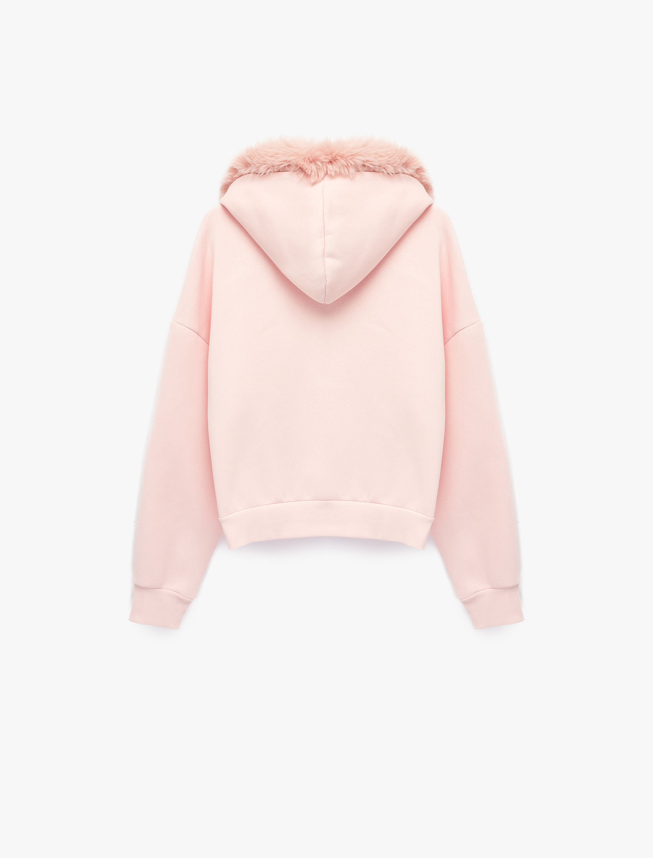   Şardonlu Cepli Rahat Kalıp Uzun Kollu Fermuarlı Suni Kürk Kapüşonlu Sweatshirt