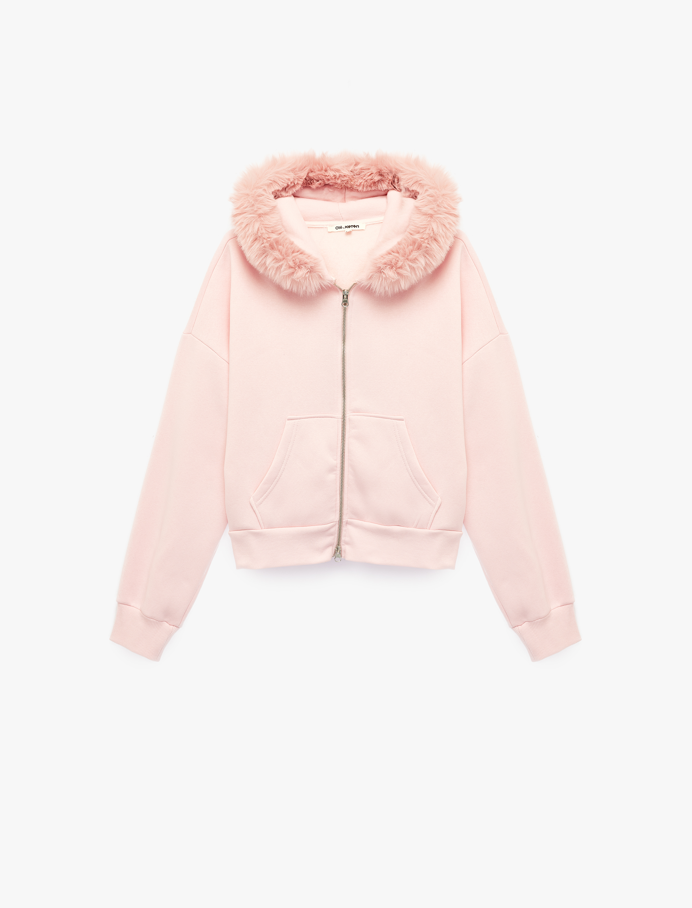   Şardonlu Cepli Rahat Kalıp Uzun Kollu Fermuarlı Suni Kürk Kapüşonlu Sweatshirt