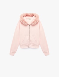 Şardonlu Cepli Rahat Kalıp Uzun Kollu Fermuarlı Suni Kürk Kapüşonlu Sweatshirt