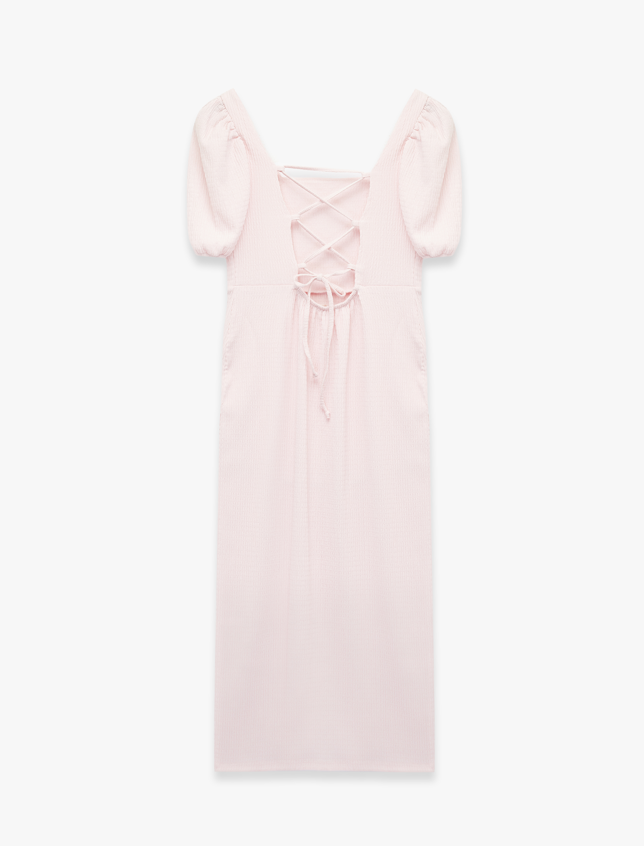   Kare Yaka Sırtı Bağcıklı Slim Fit Kısa Balon Kol Yırtmaçlı Midi Bodycon Elbise