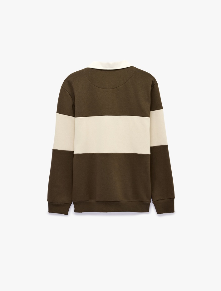  Renk Bloklu Nakışlı Polo Yaka Uzun Kollu Sweatshirt