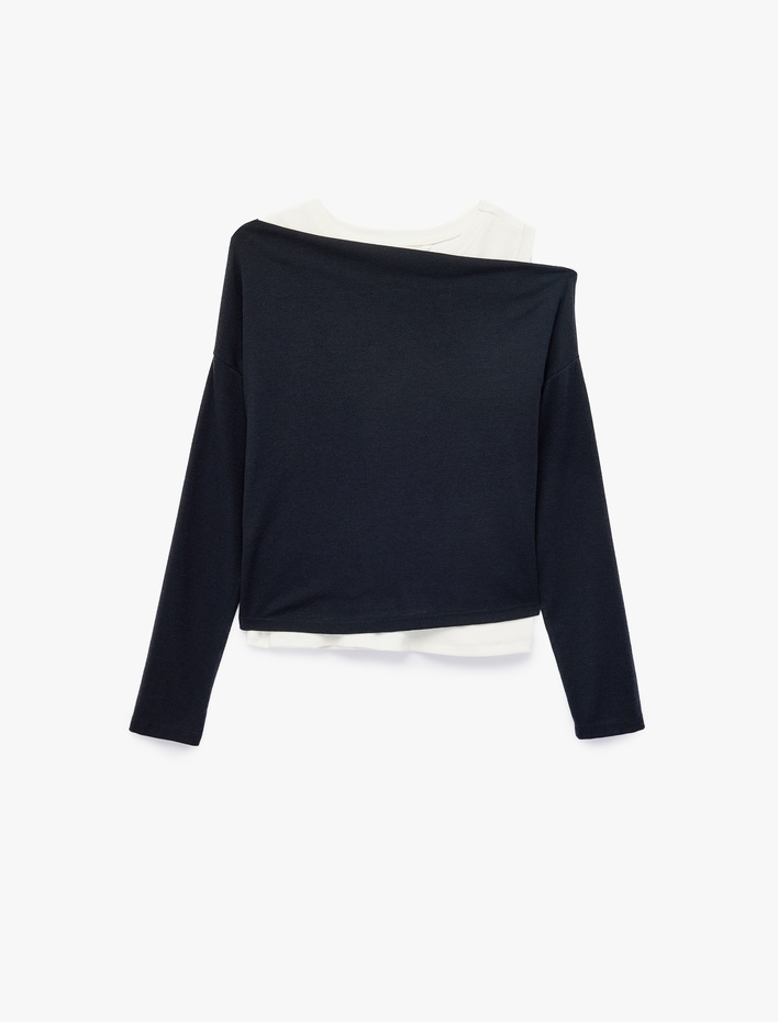  Asimetrik Yaka Uzun Kollu Slim Fit Tişört