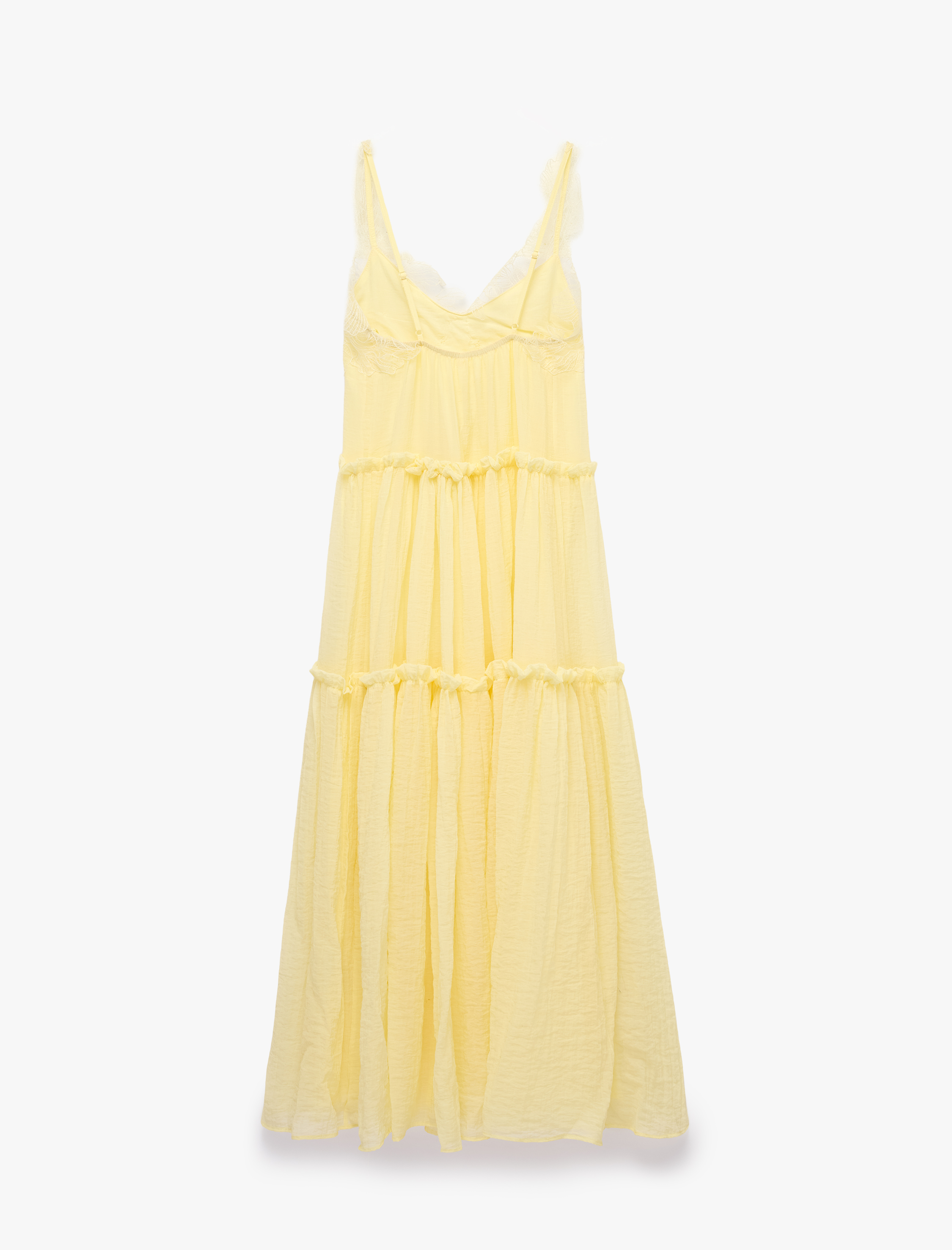   Viskon Kumaş Rahat Kalıp Kat Kat Dantel Detaylı Askılı Uzun Kloş Elbise