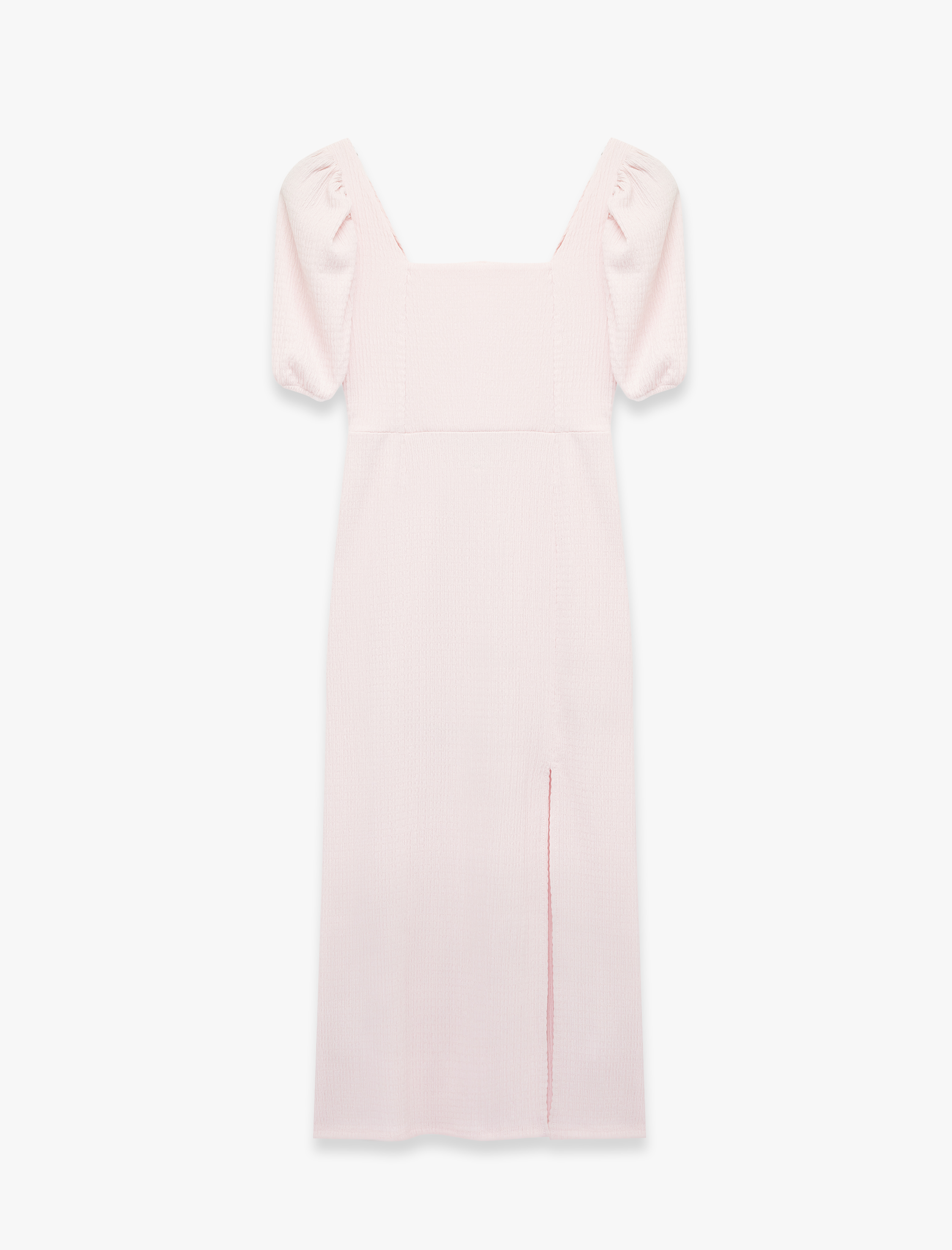  Kare Yaka Sırtı Bağcıklı Slim Fit Kısa Balon Kol Yırtmaçlı Midi Bodycon Elbise