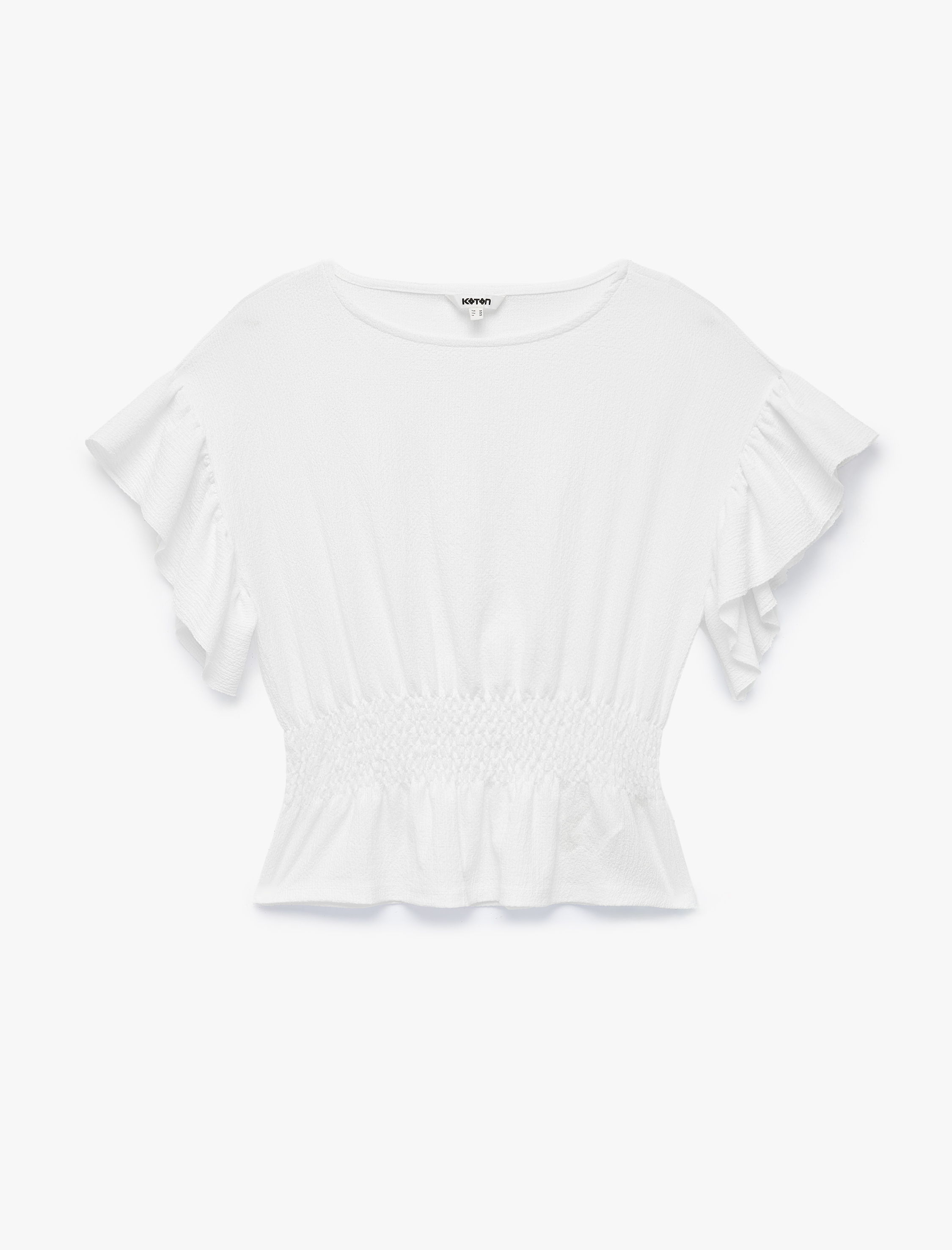   Slim Fit Bel Vurgulu Gipeli Bisiklet Yaka Fırfırlı Kısa Kollu Bluz