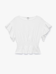 Slim Fit Bel Vurgulu Gipeli Bisiklet Yaka Fırfırlı Kısa Kollu Bluz