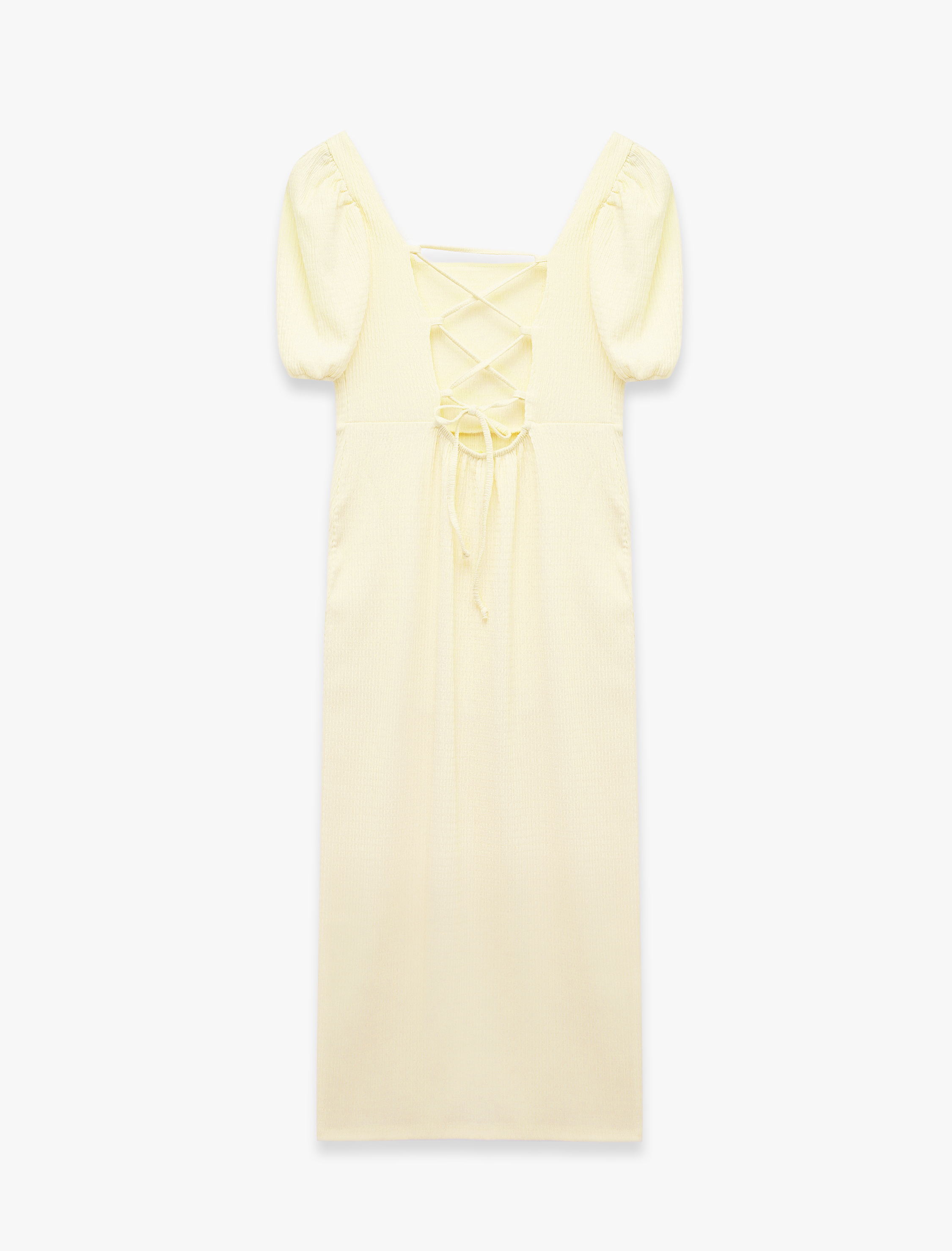   Kare Yaka Sırtı Bağcıklı Slim Fit Kısa Balon Kol Yırtmaçlı Midi Bodycon Elbise