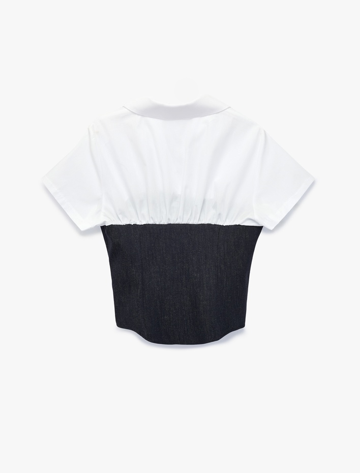  İki Farklı Kumaş Kullanımlı Slim Fit Kısa Kollu Korse Detaylı Gömlek