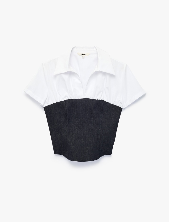  İki Farklı Kumaş Kullanımlı Slim Fit Kısa Kollu Korse Detaylı Gömlek