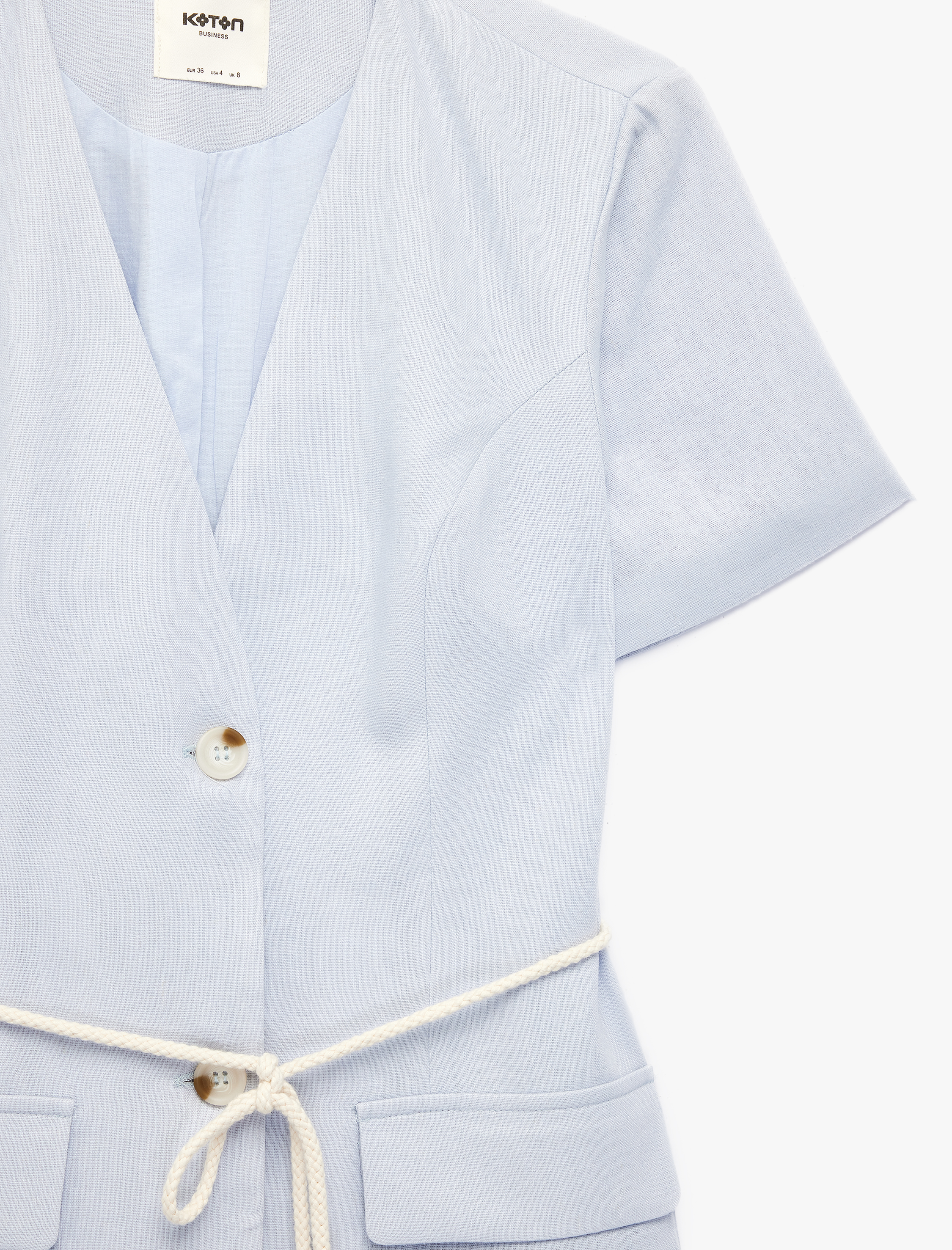   Keten Karışımlı Cepli Bağcık Detaylı Kısa Kollu Blazer Ceket