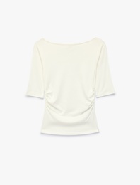 Pamuklu Slim Fit Drapeli Yuvarlak Kayık Yaka Dirsek Boy Tişört
