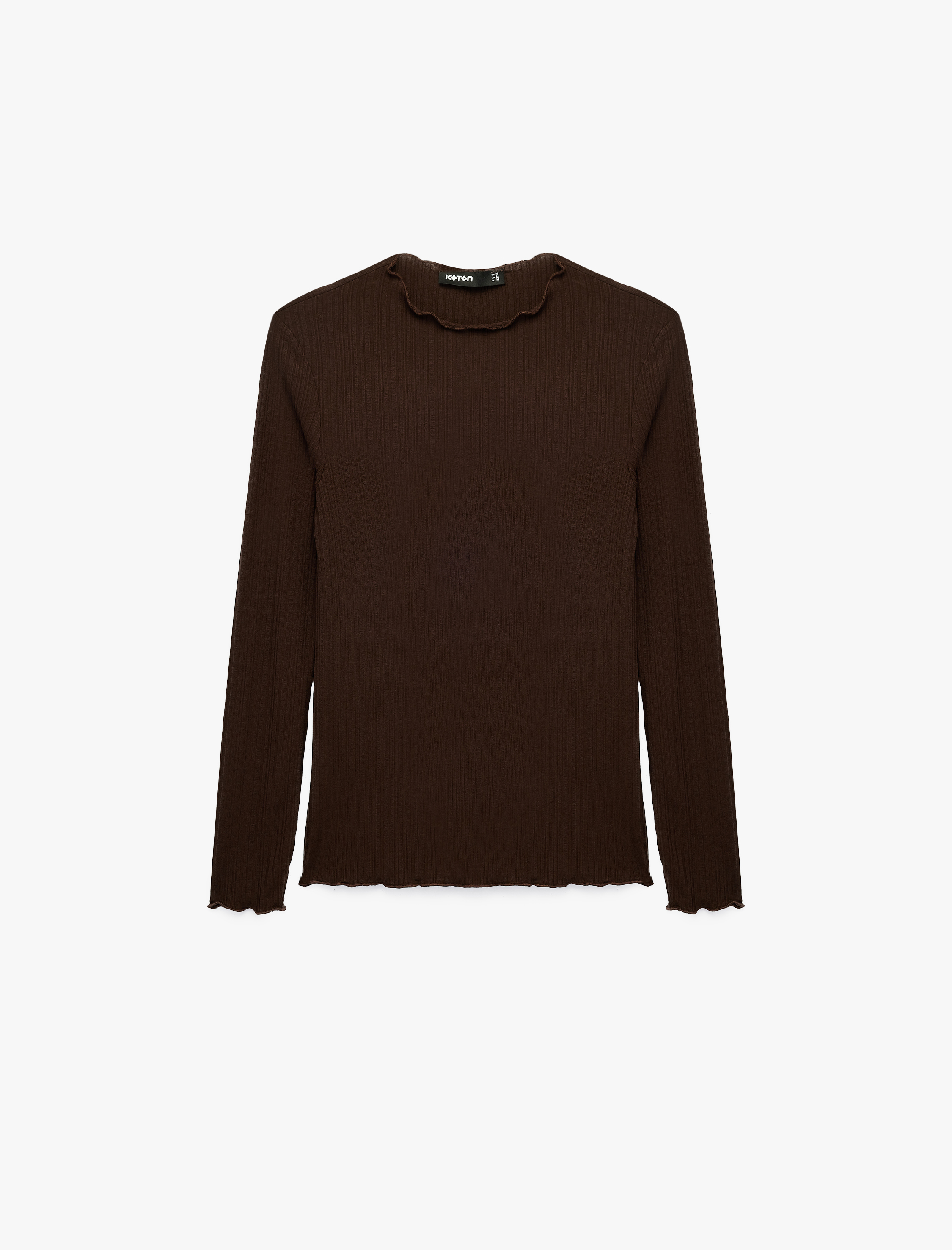   Kaşkorse Viskon Kumaş Slim Fit Uzun Kollu Fırfırlı Bisiklet Yaka Tişört